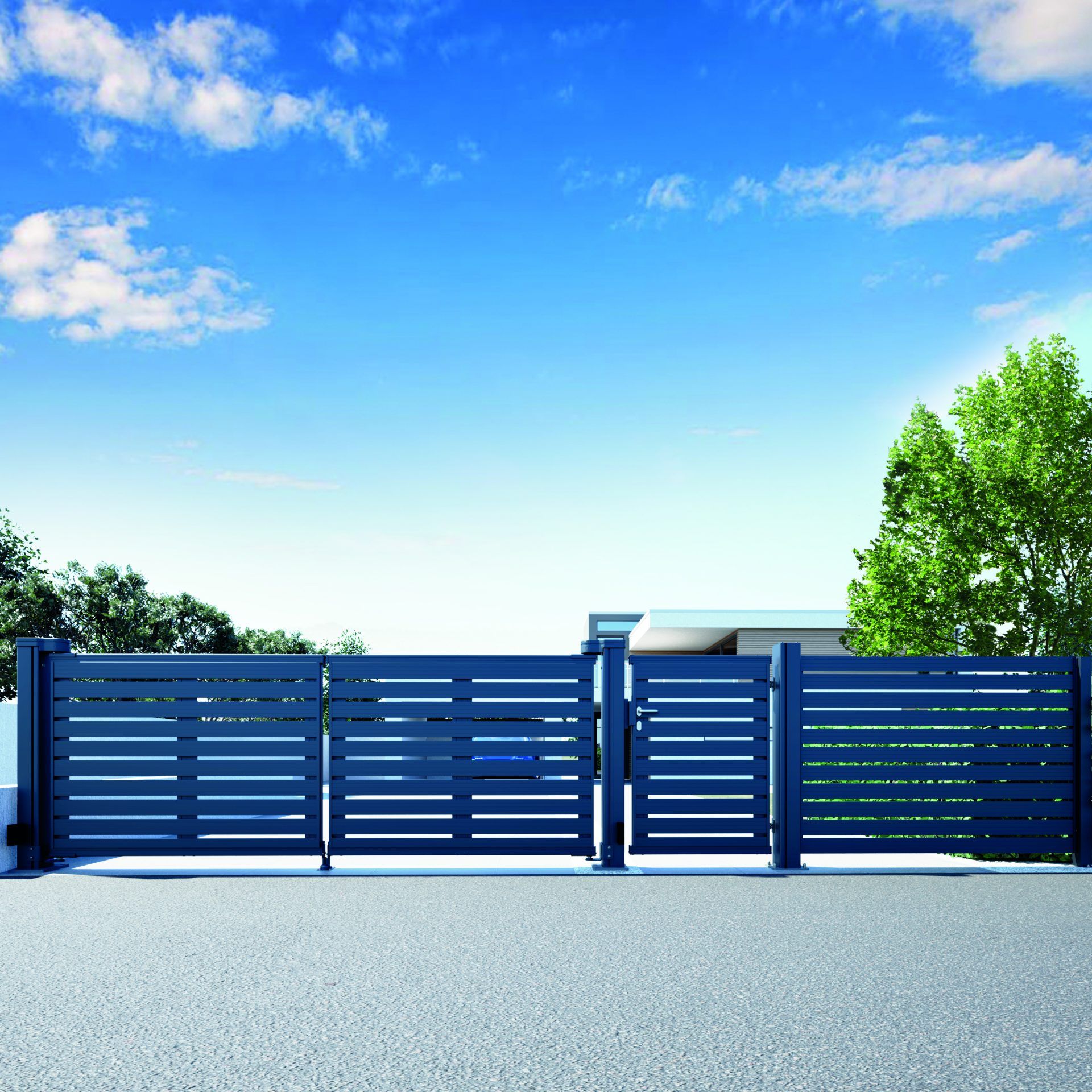 Zweiflügeliges Berner-Tor Dione aus blauem Aluminium mit waagerechten Lamellen, passender Pforte und Zaun