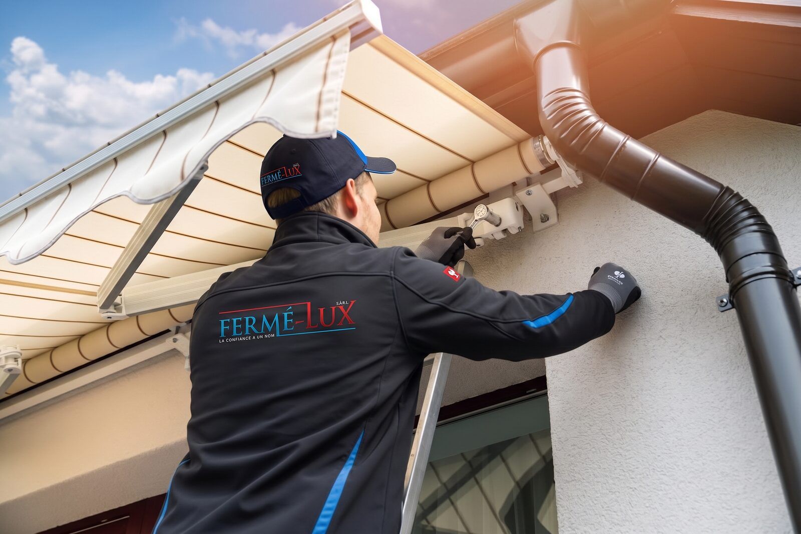 Fermé-Lux technician on a ladder tightening the wall bracket of a patio awning