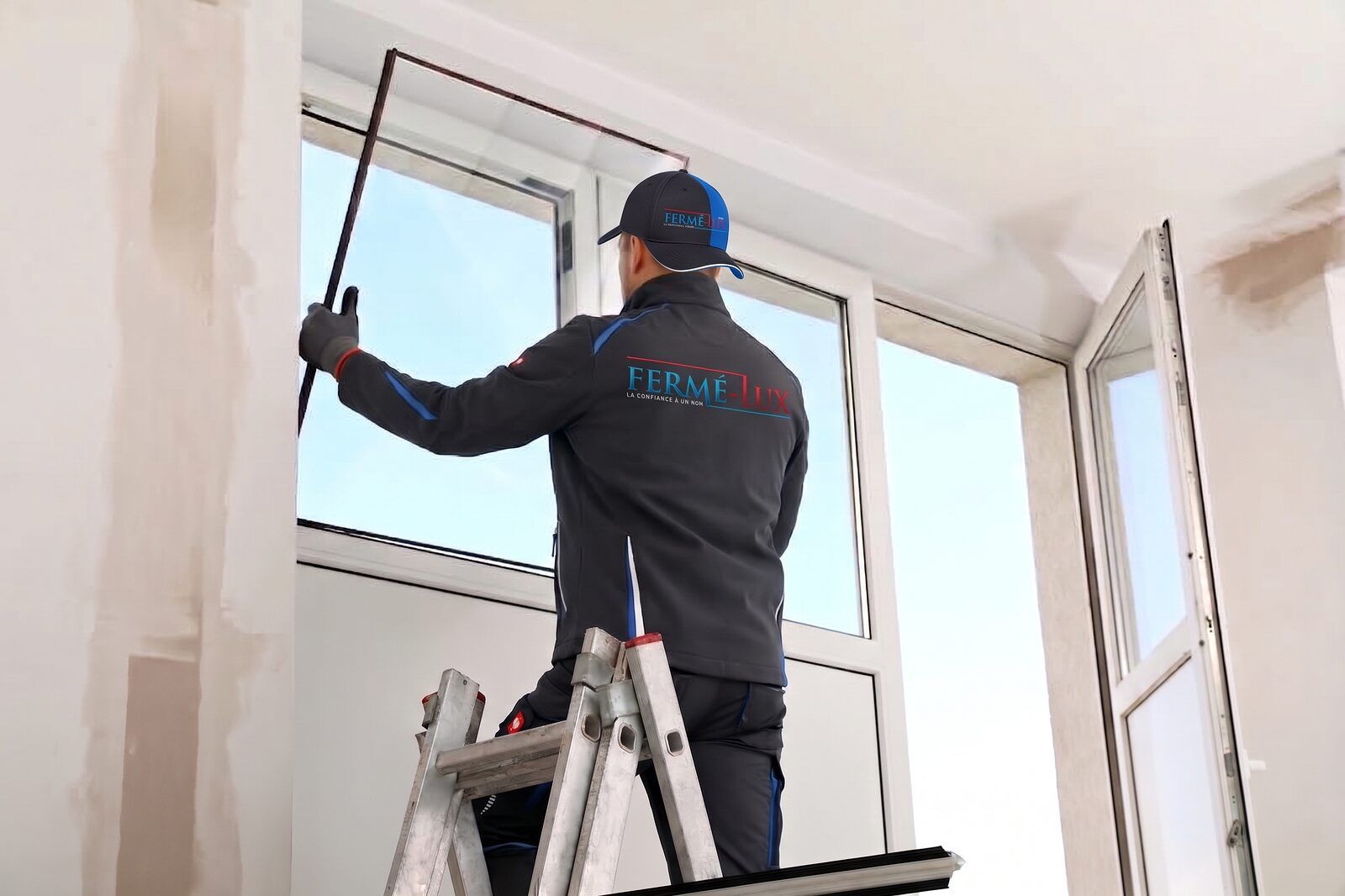 Fermé-Lux-Techniker auf einer Leiter beim Ausbau der Verglasung eines Kunststofffensters
