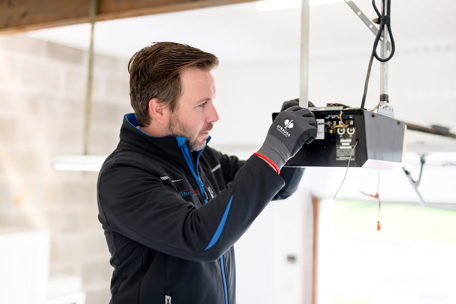 Fermé-Lux-Techniker arbeitet an der Steuerelektronik eines an der Decke montierten Garagentorantriebs