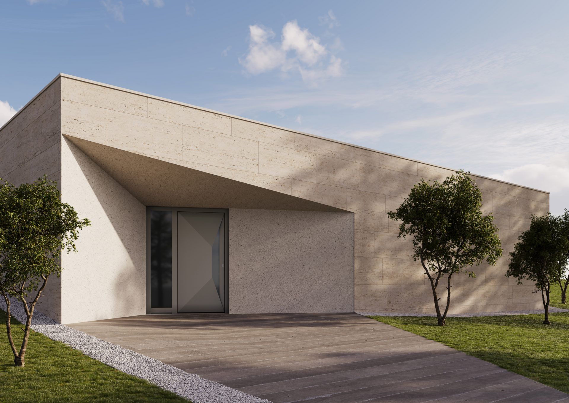 Taupegraue Aluminium-Haustür von Adoro unter dem Vordach eines modernen Hauses aus hellem Naturstein
