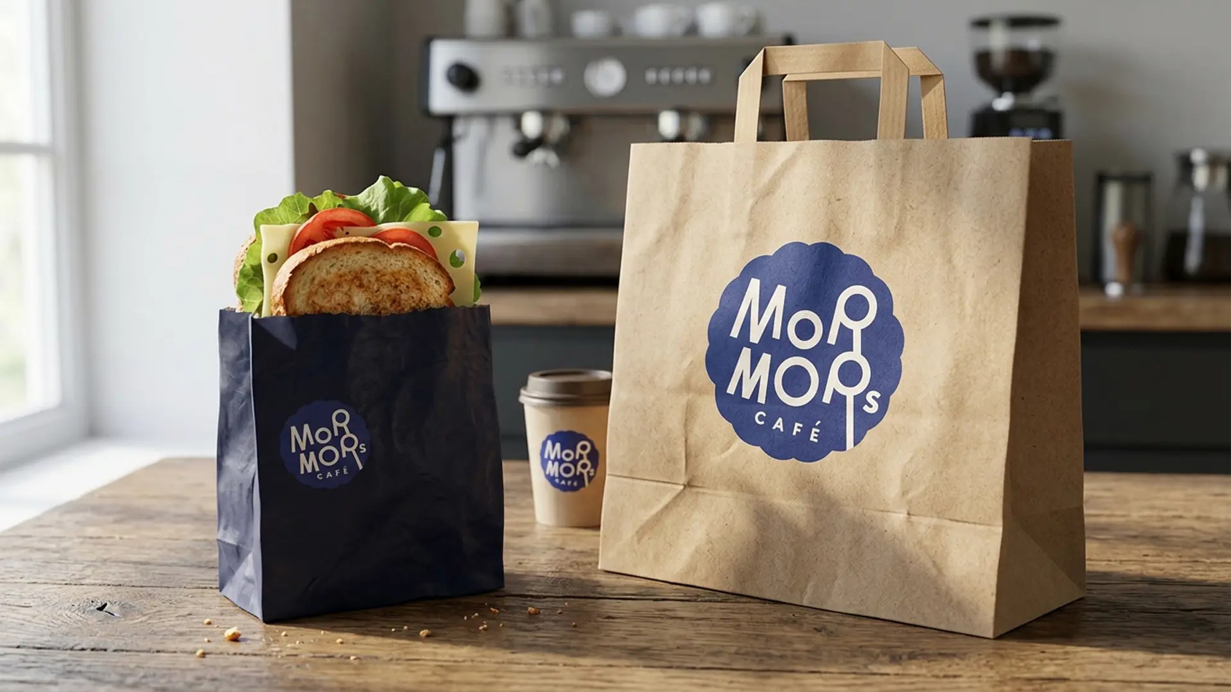 En papirpose og en kaffekopp med logoen til «Mormors kafé», stående på et trebord ved siden av en matbit.