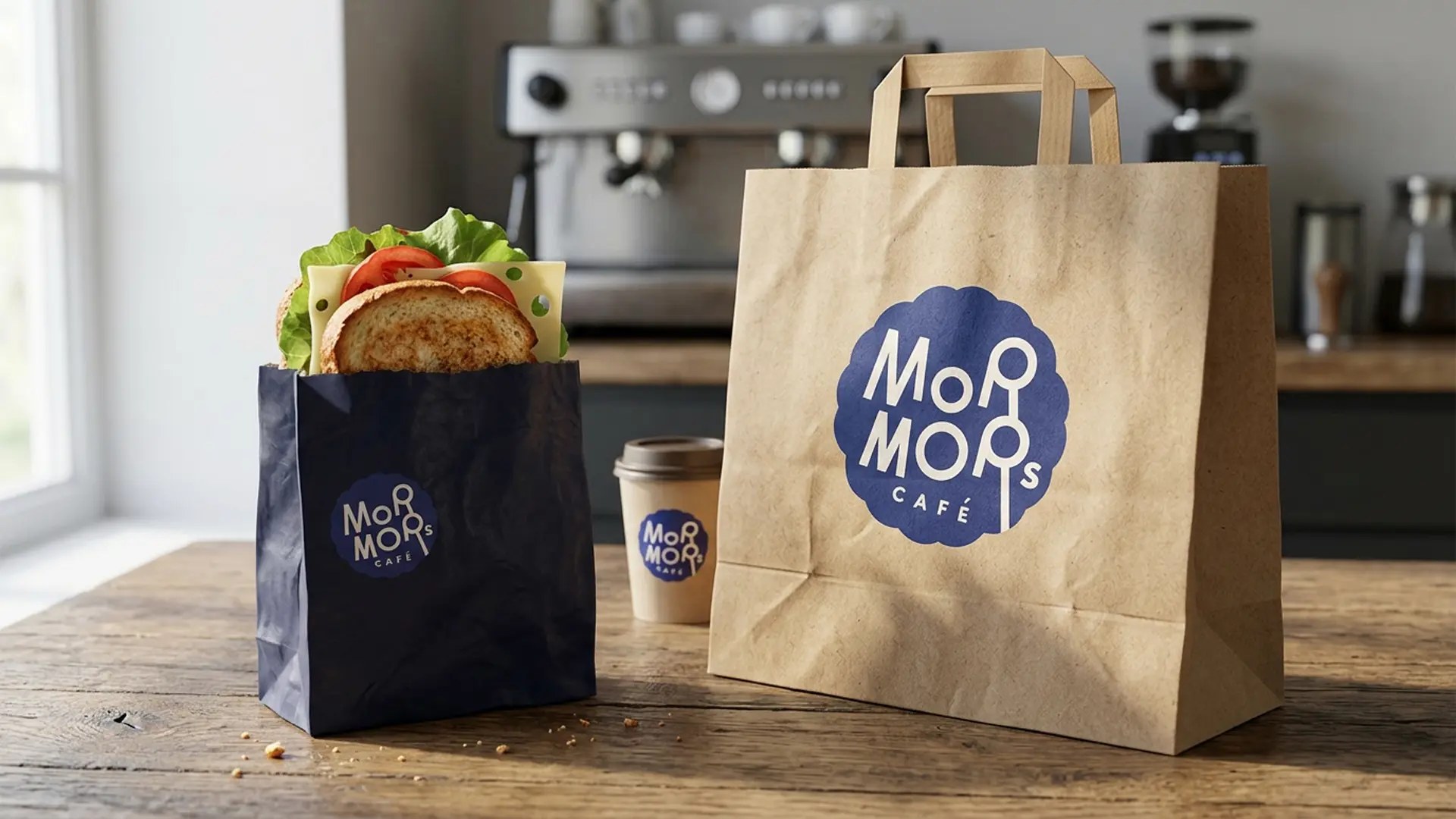 En papirpose og en kaffekopp med logoen til «Mormors kafé», stående på et trebord ved siden av en matbit.
