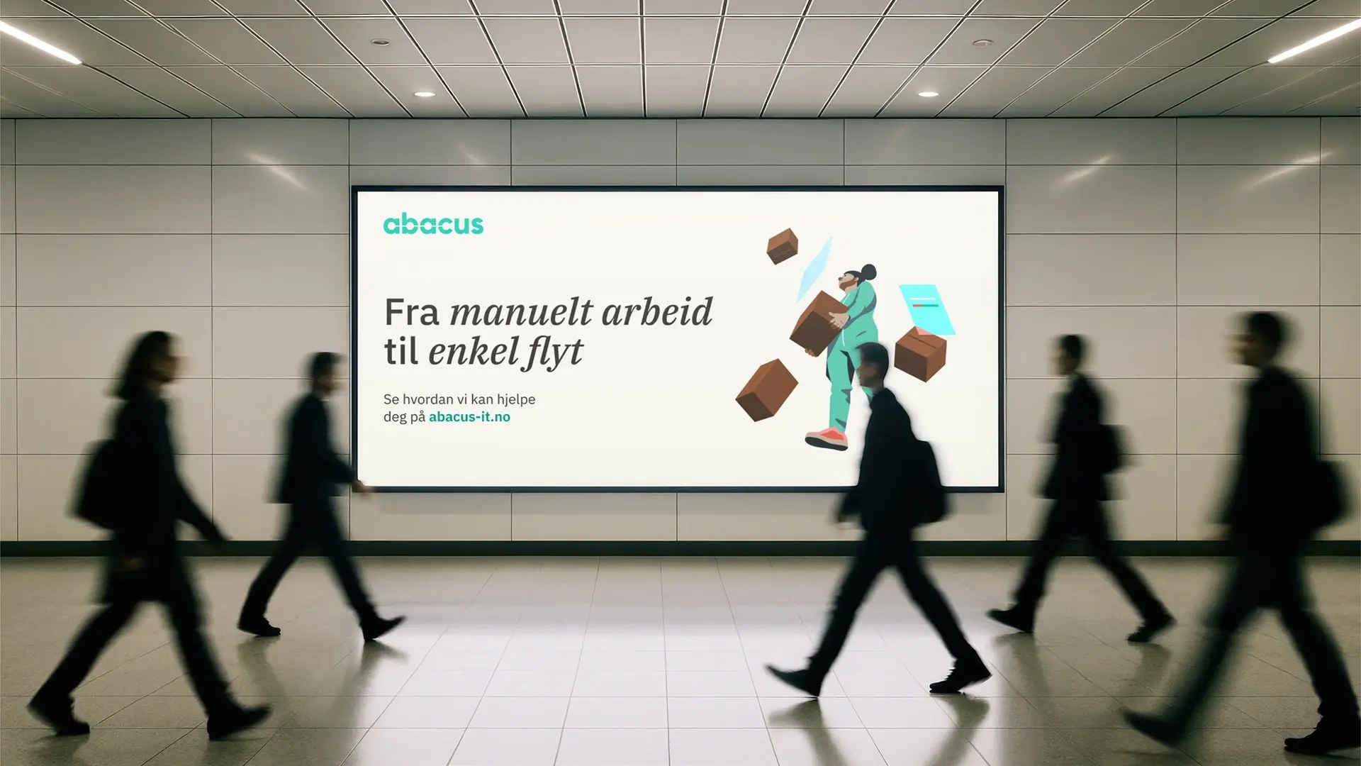 Bilde av en digital reklamebanner på en flyplass for Abacus.