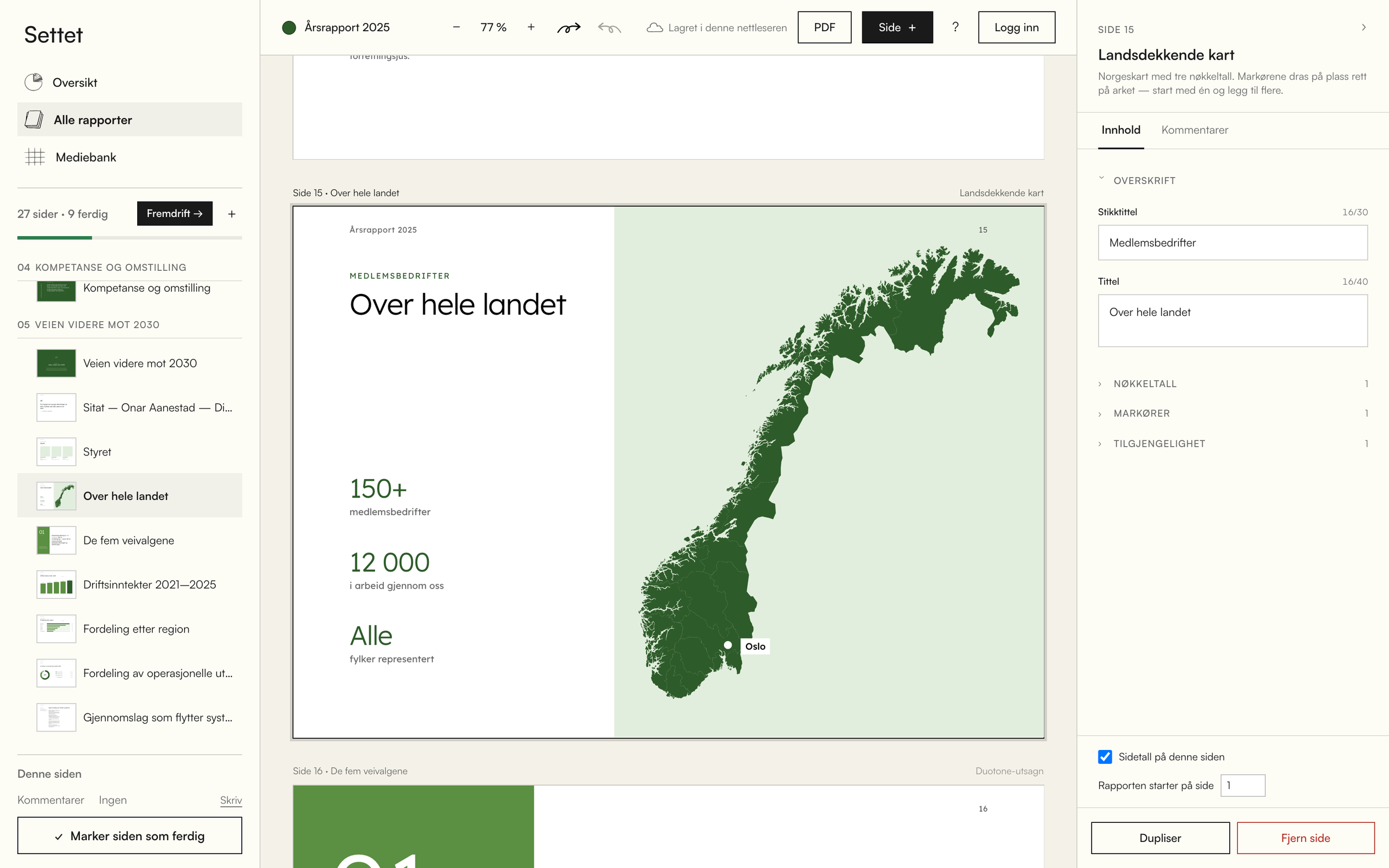 Side med Norgeskart, markør for Oslo og tre nøkkeltall om medlemsbedrifter over hele landet.