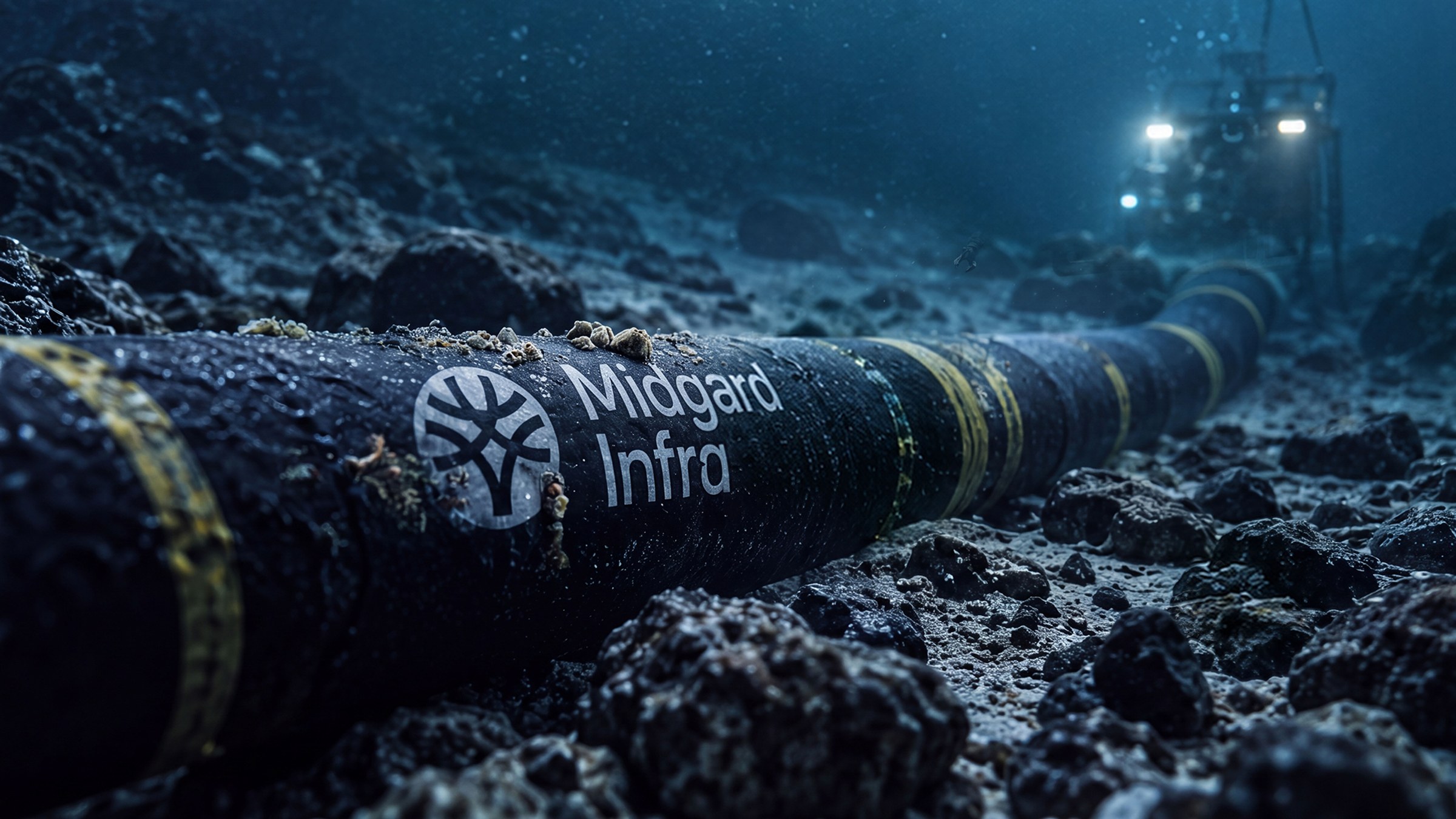 En undervannsfotografi som viser en stor, mørk undervannskabel som ligger på havbunnen, dekket av småstein og grus. Kabelen har gule striper og en tydelig logo med teksten "Midgard Infra" i hvitt. I bakgrunnen til høyre sees et lyssterkt undervannskjøretøy som lyser opp kabelen.