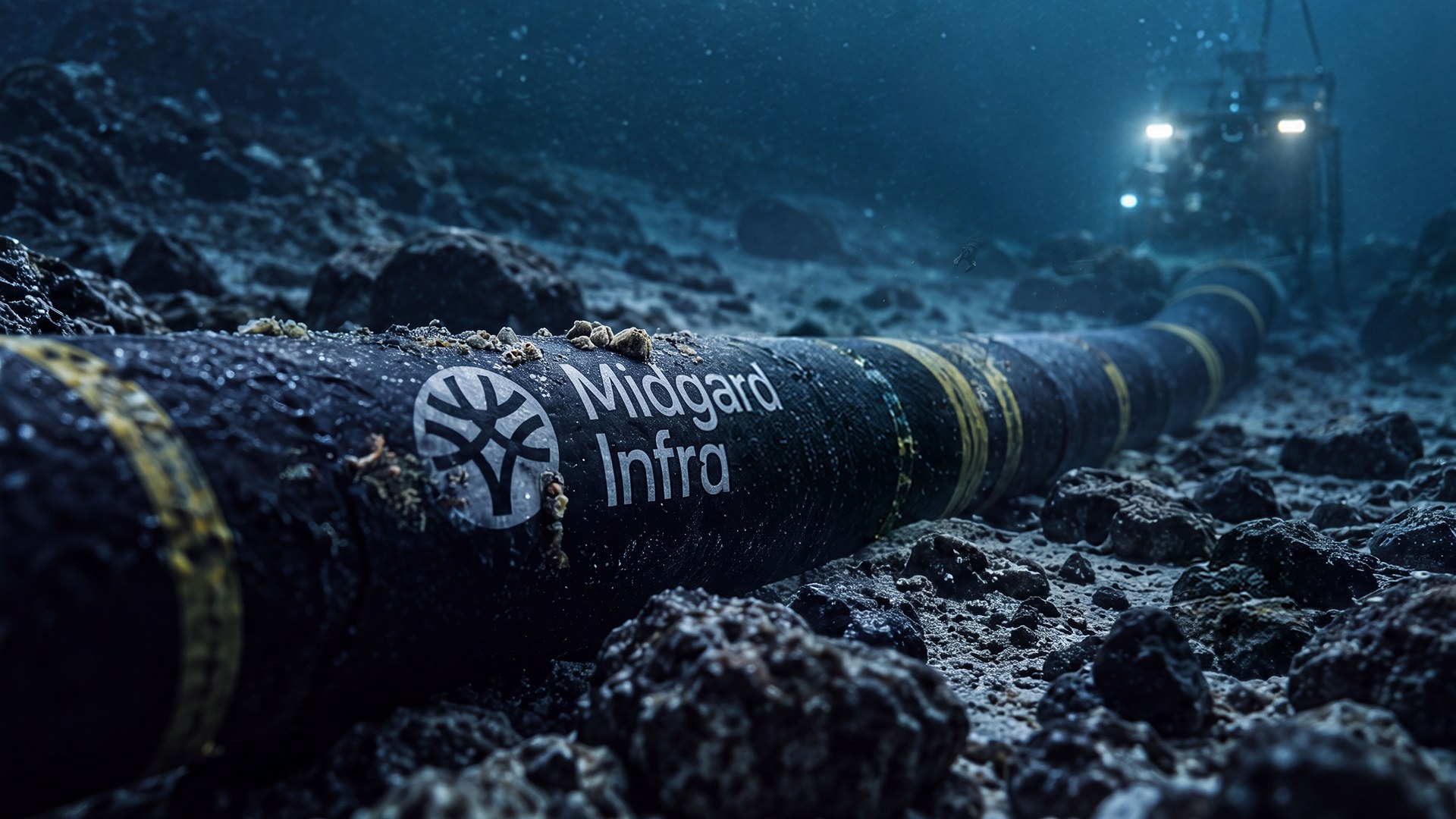 En undervannsfotografi som viser en stor, mørk undervannskabel som ligger på havbunnen, dekket av småstein og grus. Kabelen har gule striper og en tydelig logo med teksten "Midgard Infra" i hvitt. I bakgrunnen til høyre sees et lyssterkt undervannskjøretøy som lyser opp kabelen.