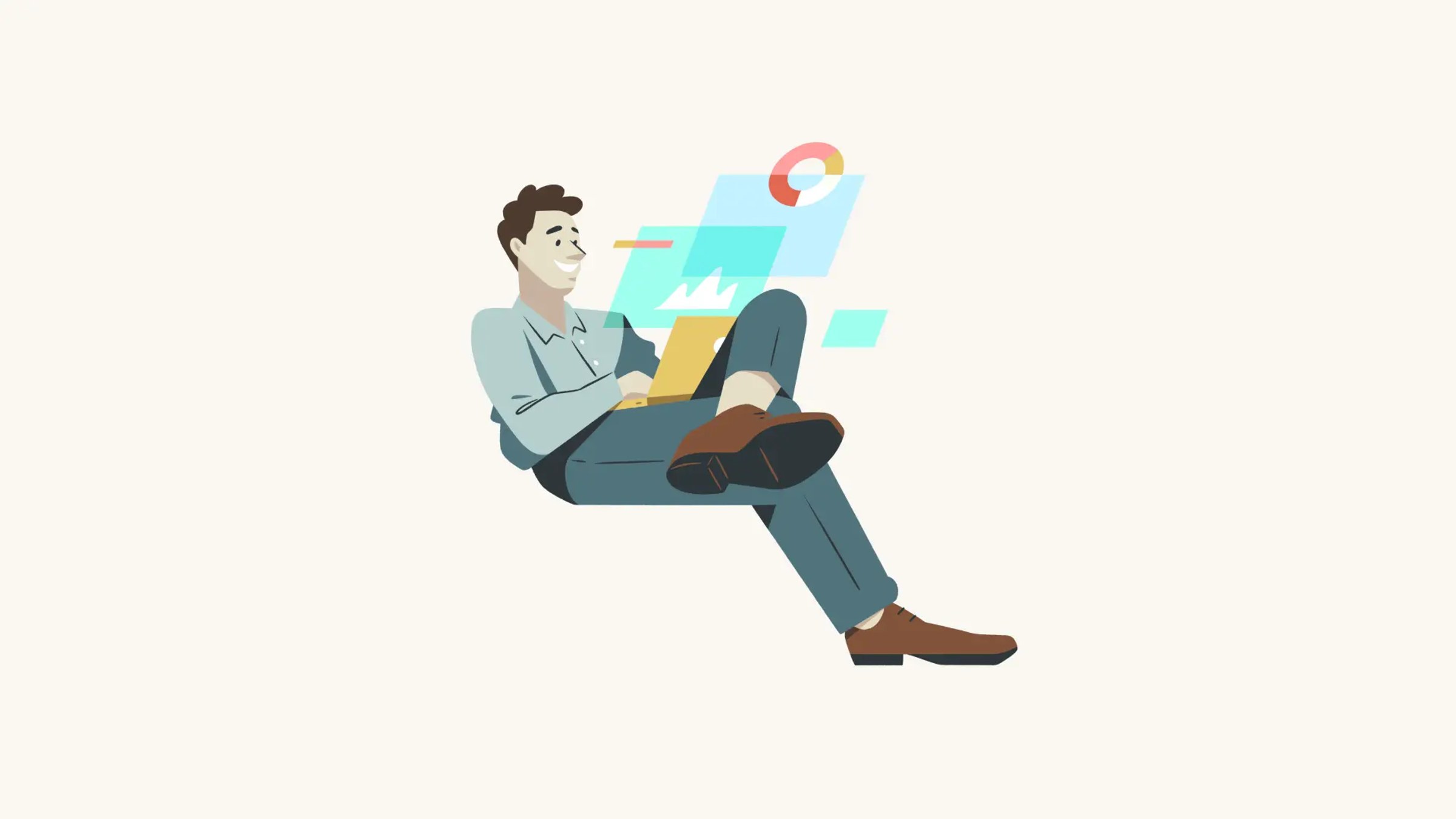 En forretningsmann som sitter komfortabelt og jobber på en bærbar datamaskin, omgitt av svevende digitale ikoner som representerer grafer og dataanalyse.