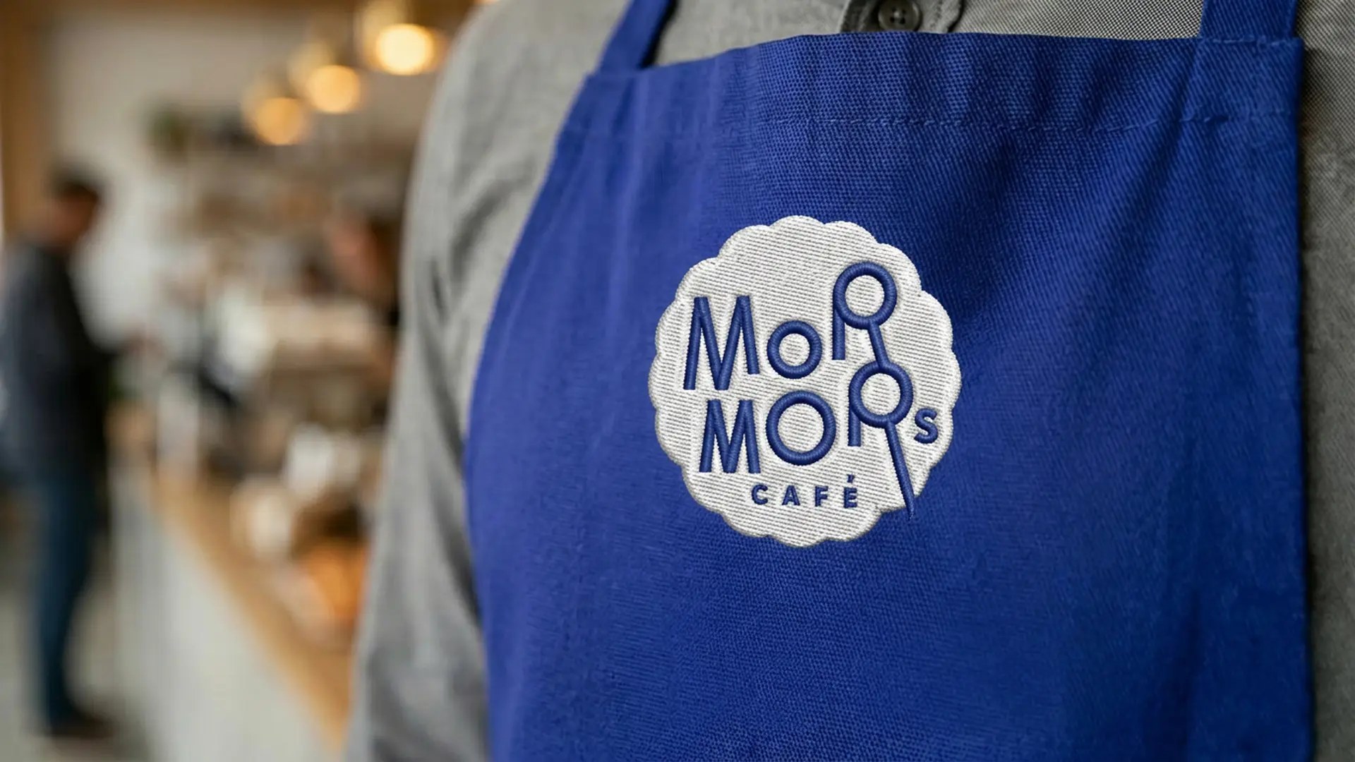 Et nærbilde av et blått forkle med den broderte logoen til «Mormors kafé».