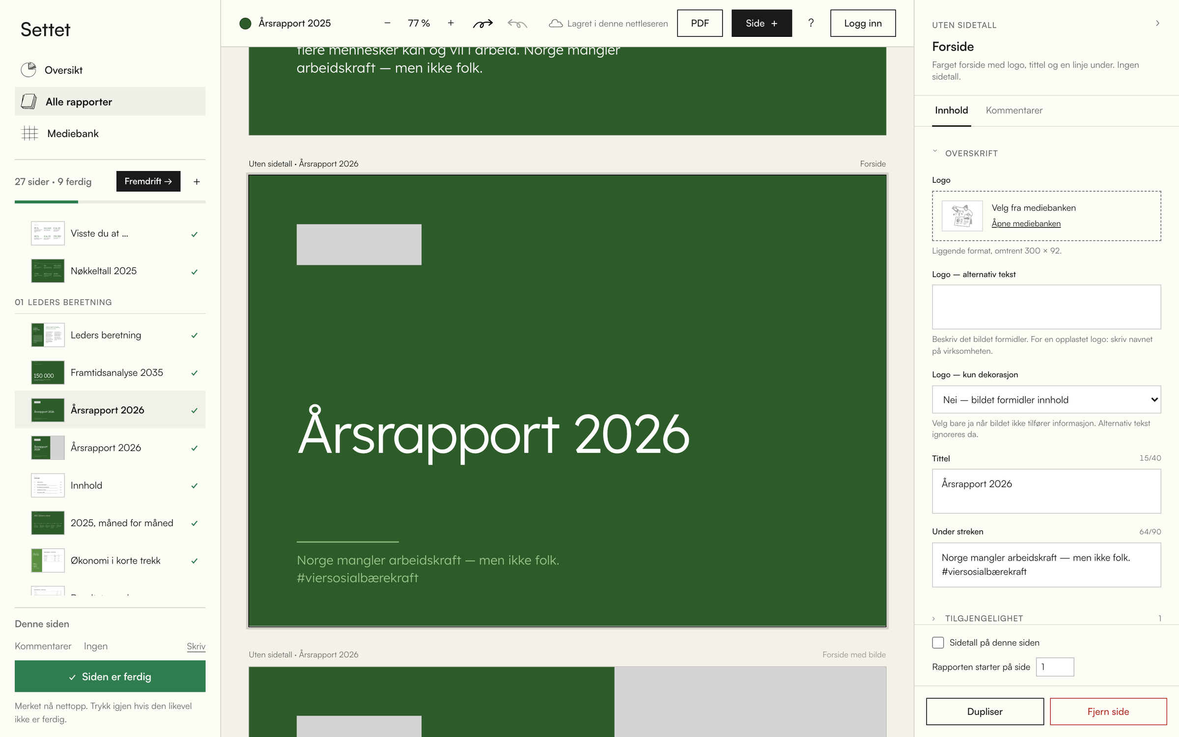 Redigering av forsiden til Årsrapport 2026, med sideliste til venstre, arket i midten og felter for logo, tittel og undertekst til høyre.