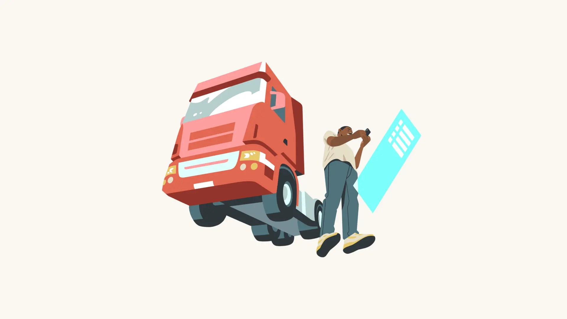 En person som står ved siden av en stor lastebil og ser på et digitalt kontrollpanel, som viser hvordan nettskyen brukes i transport og logistikk.