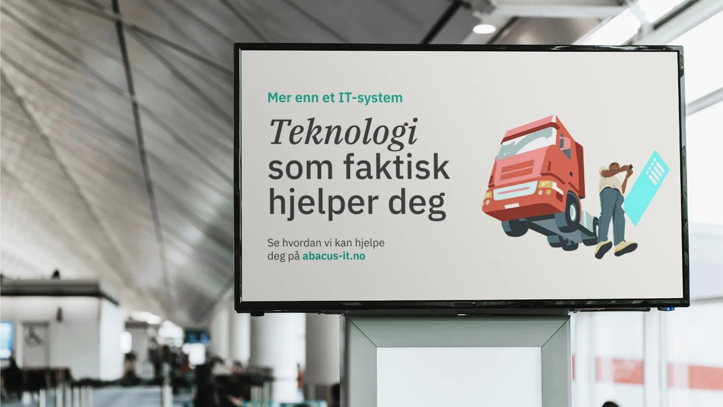 En digital reklameskjerm som sier Teknologi som faktisk hjelper deg med en Abacus illustrasjon.