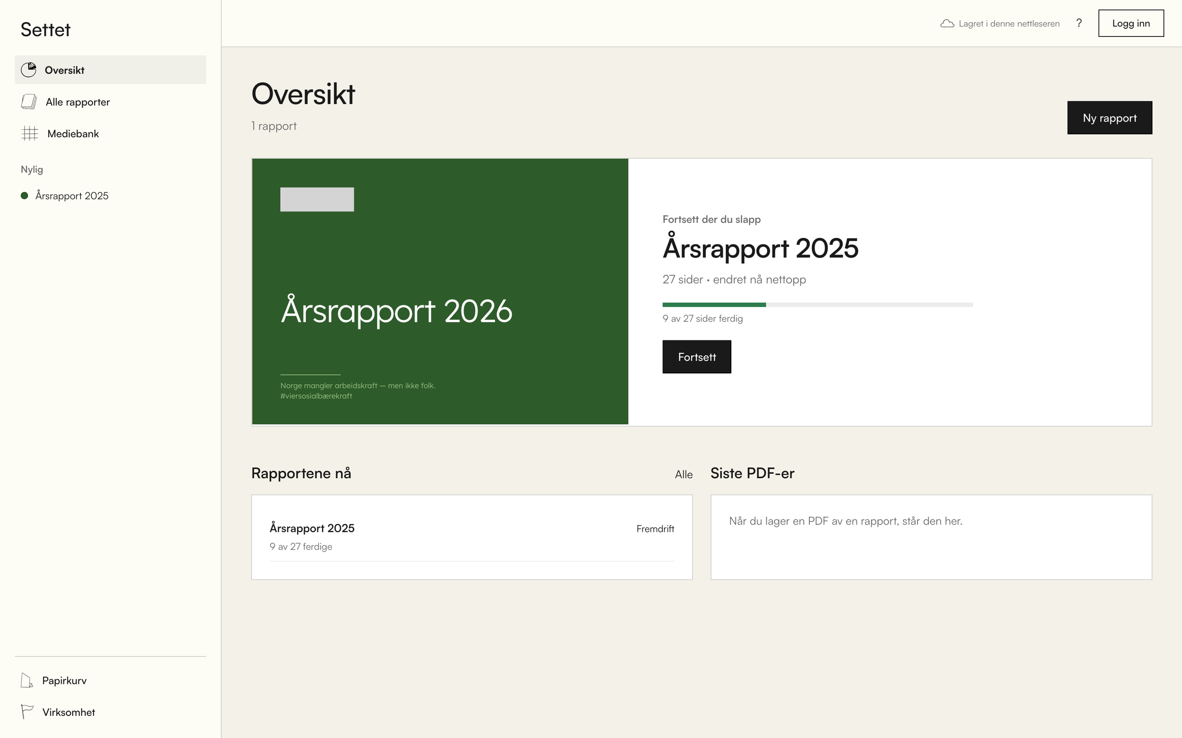 Oversikten i Settet med årsrapporten man sist jobbet med, fremdriftslinje for ferdige sider og knapp for å fortsette.