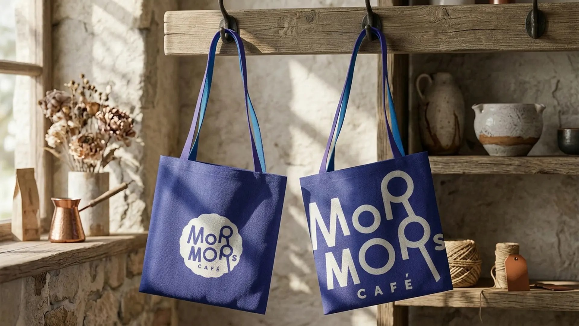 To blå handlenett med logoen til «Mormors kafé» hengende på en knaggrekke i et rustikt rom.