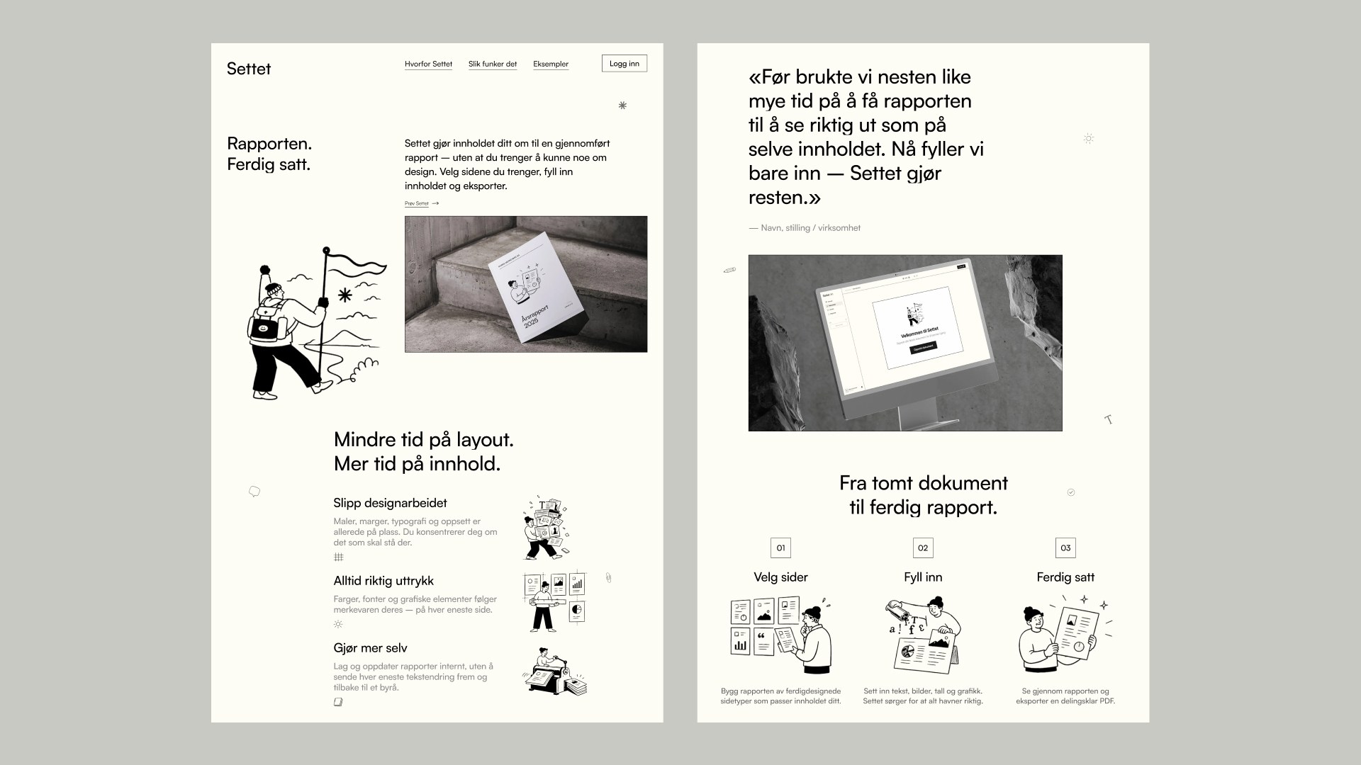 Nettsiden til Settet med rapportverktøyet, fordelene og arbeidsflyten fra valg av sider til ferdig rapport.