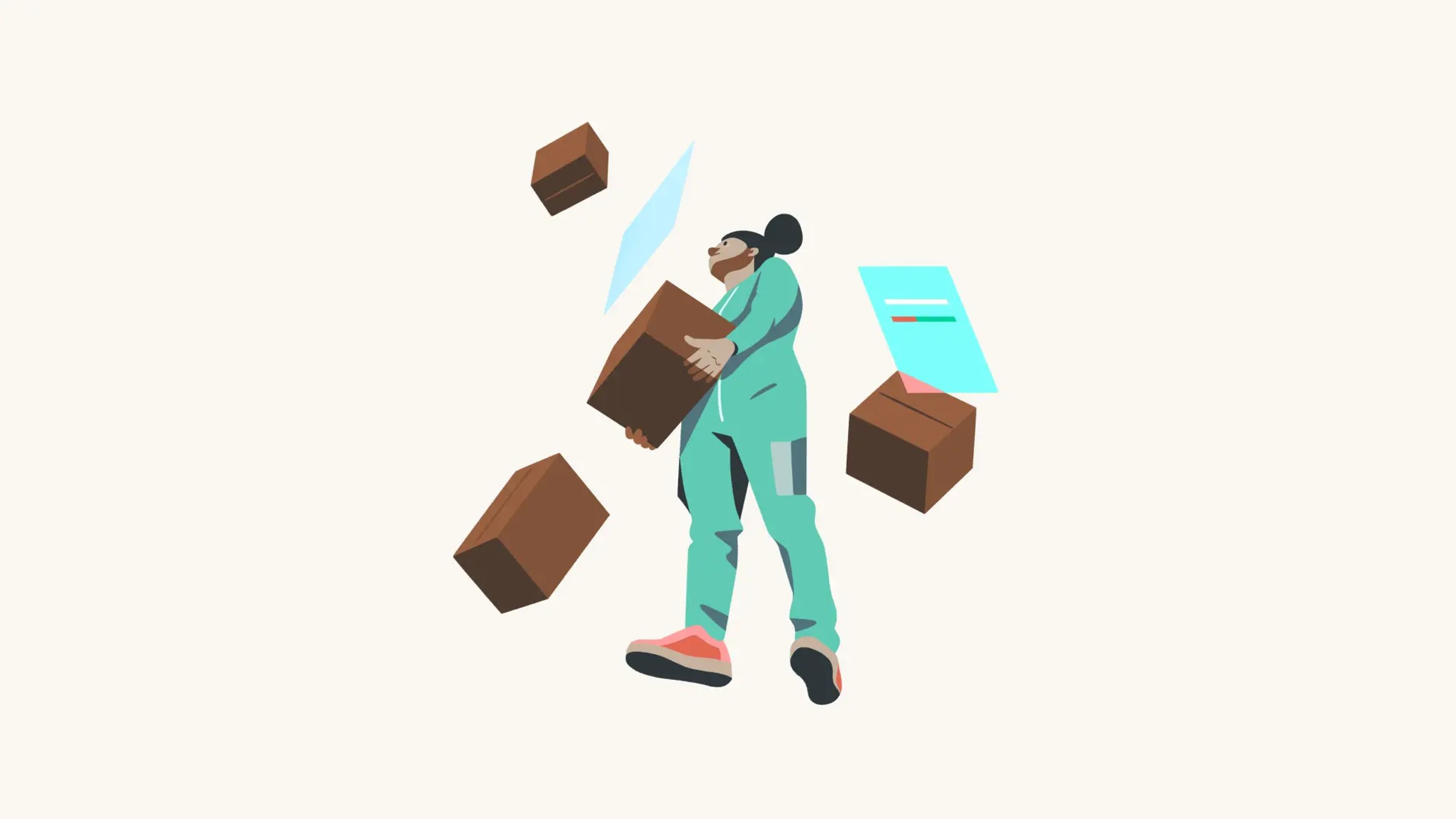 En person i grønn kjeledress som sjonglerer med pappesker og digitale skjermer, som symboliserer effektiv logistikk og digital lagerstyring.