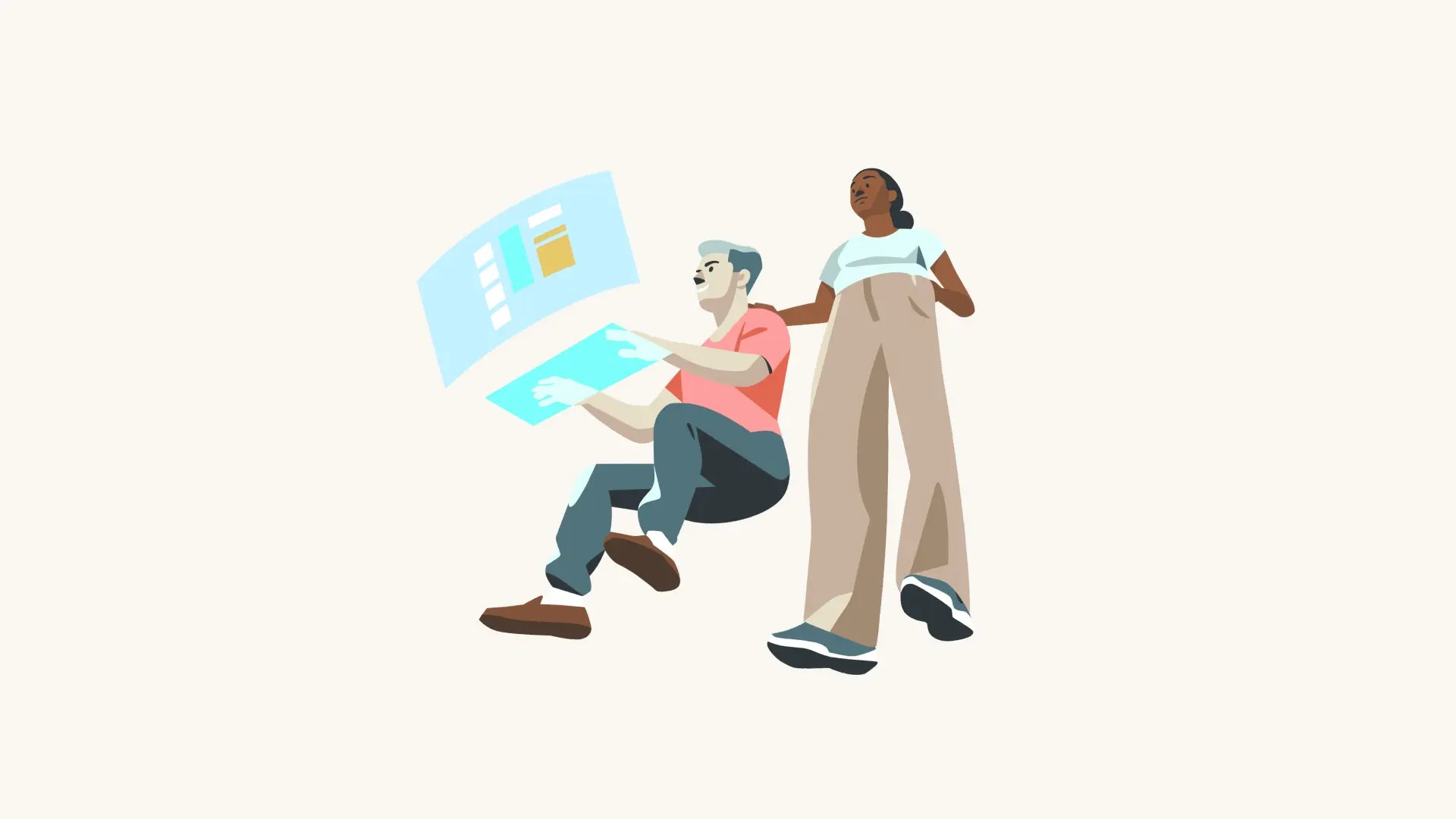 En person som sitter og jobber på en digital flate, mens en annen person står ved siden av og følger med, noe som illustrerer samarbeid i nettskyen.
