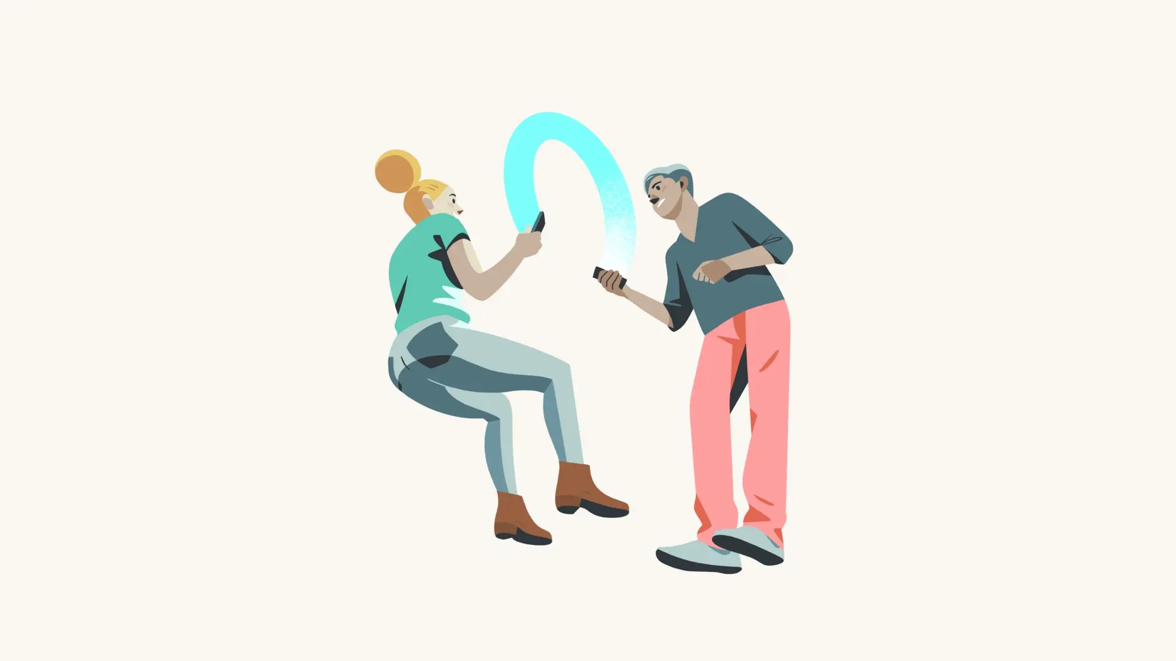 To personer som står og ser på mobiltelefonene sine, forbundet av en buet, lysende digital strøm som symboliserer sømløs kommunikasjon og informasjonsdeling.