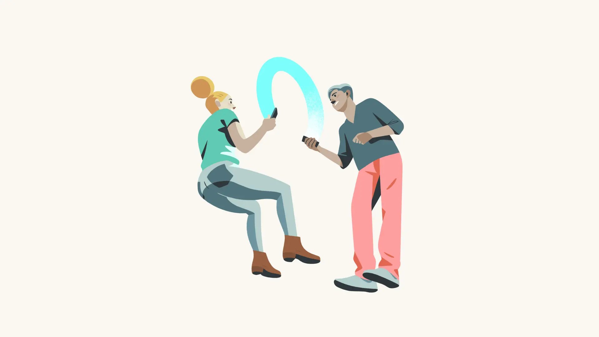 To personer som står og ser på mobiltelefonene sine, forbundet av en buet, lysende digital strøm som symboliserer sømløs kommunikasjon og informasjonsdeling.