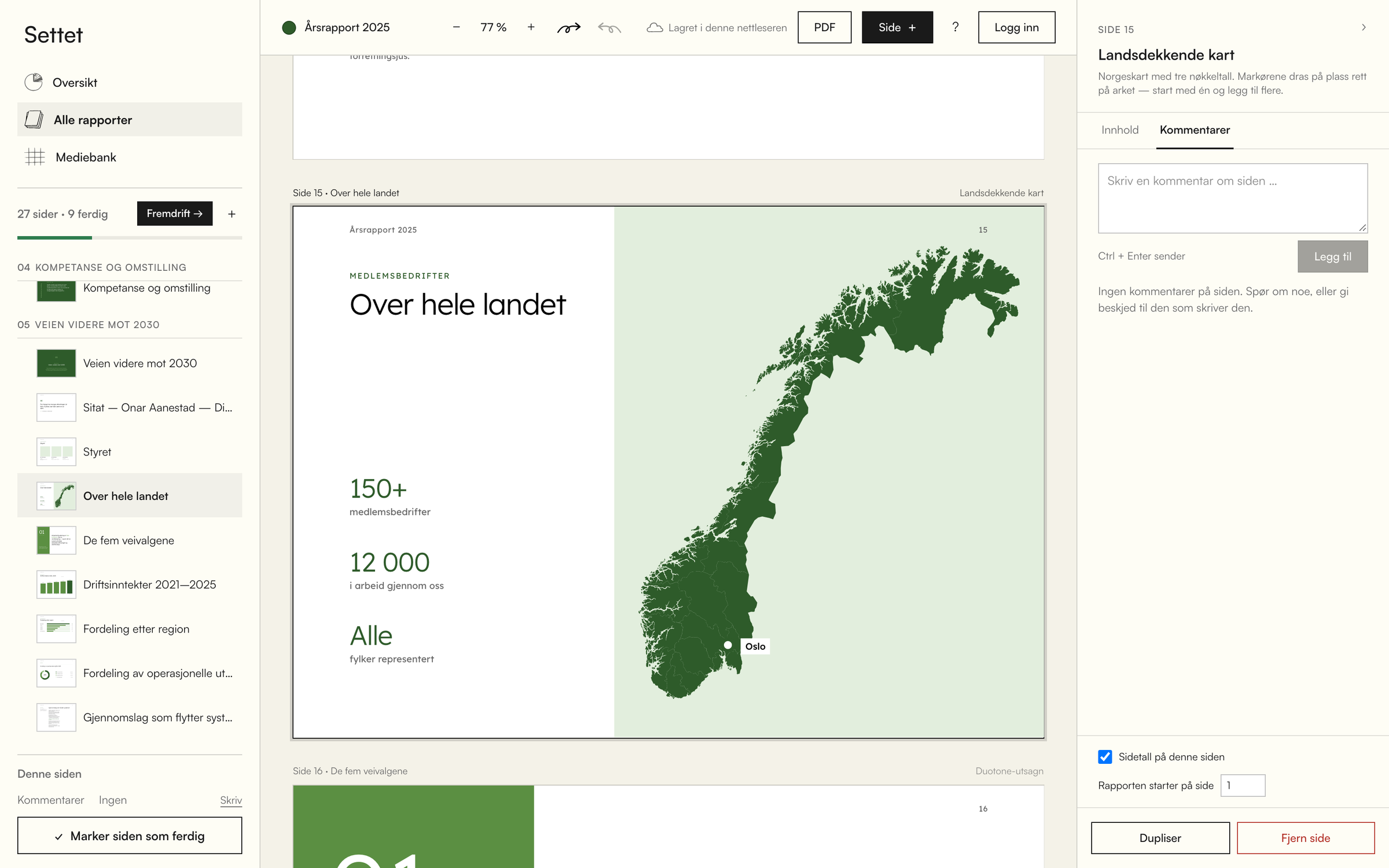 Kommentarfanen åpen ved kartsiden, med tekstfelt for å legge igjen en kommentar om siden.
