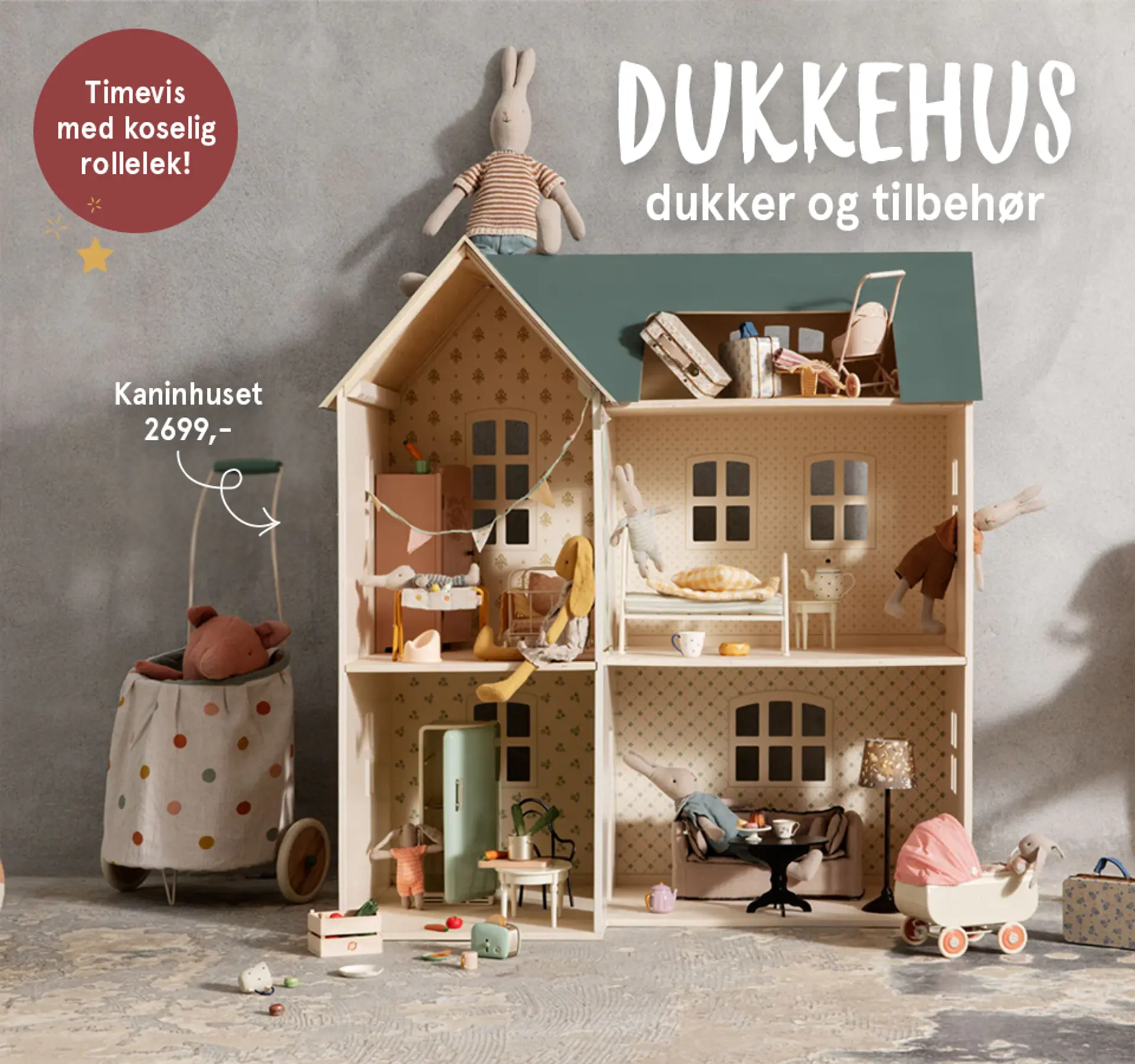 Dukkehus, dukker og tilbehør: Timevis med koselig rollelek! Fotografi av kaninhuset fra Maileg