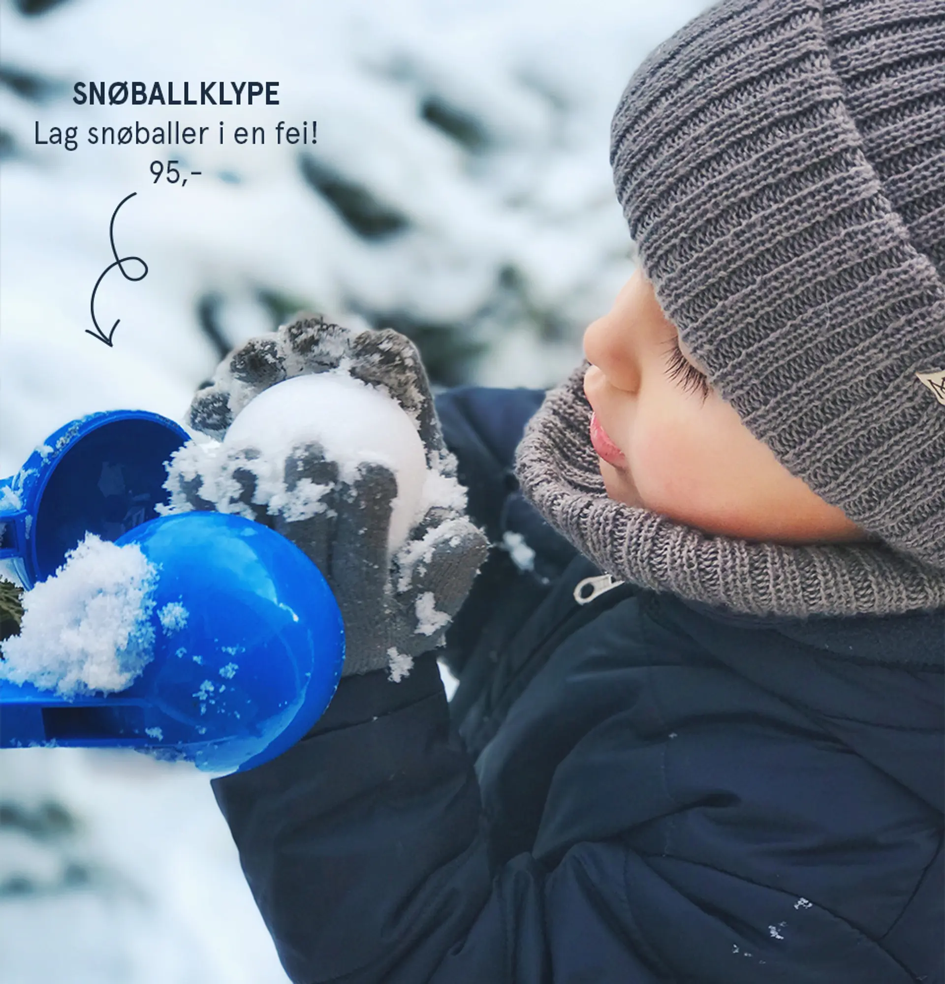 Snøballklype - lag snøballer i en fei. 95,-. Fotografi av gutt som leker med snøballklypen.