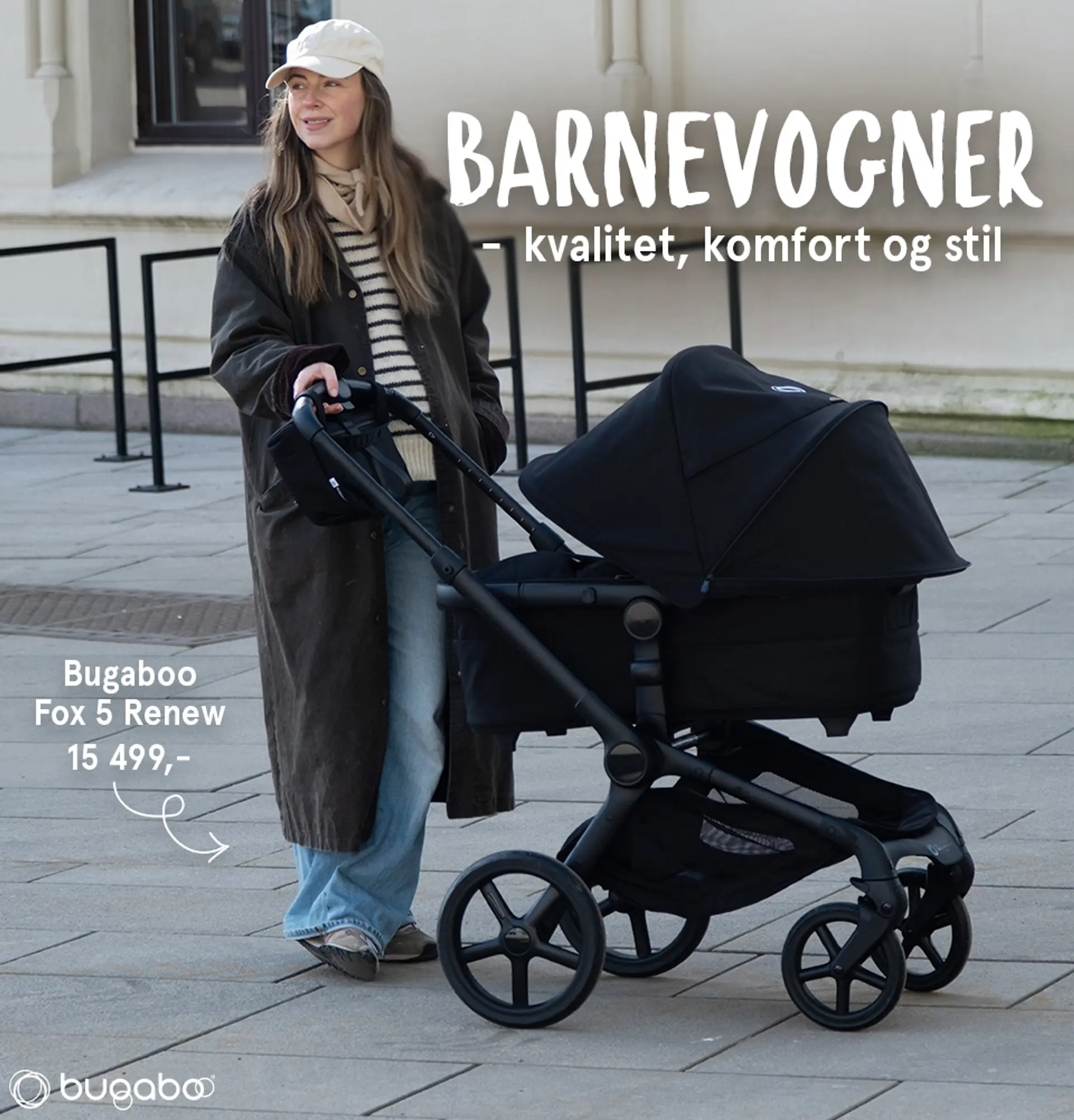 Barnevogner - kvalitet, komfort og stil. Fotografi av dame gående med Bugaboo Fox 5 Renew 15 499kr.