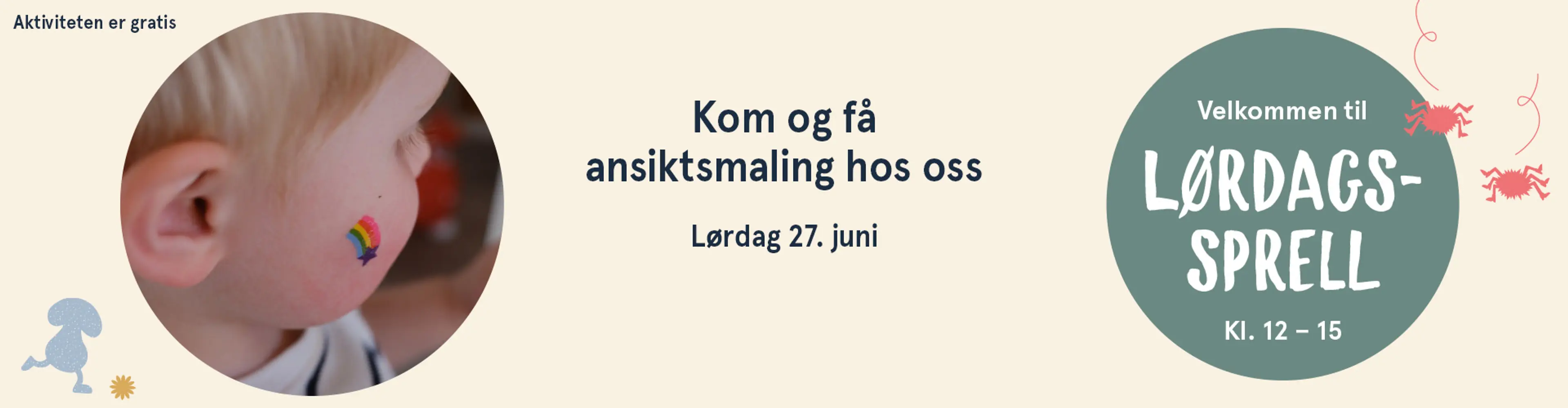 Velkommen til Lørdagssprell! Aktiviteten er gratis. Illutsrasjon.