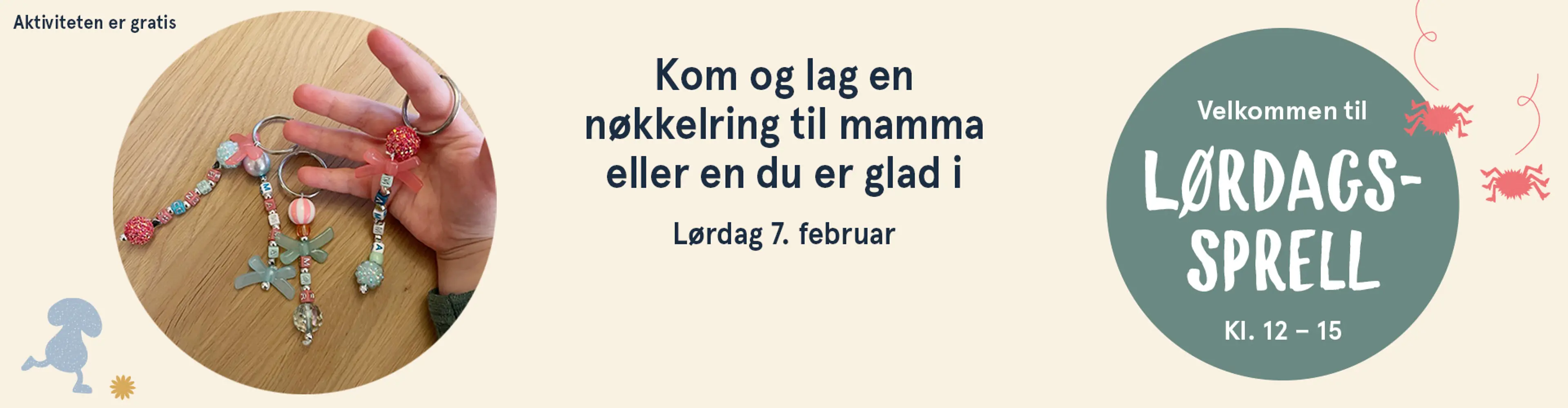 Velkommen til Lørdagssprell! Aktiviteten er gratis. Illutsrasjon.