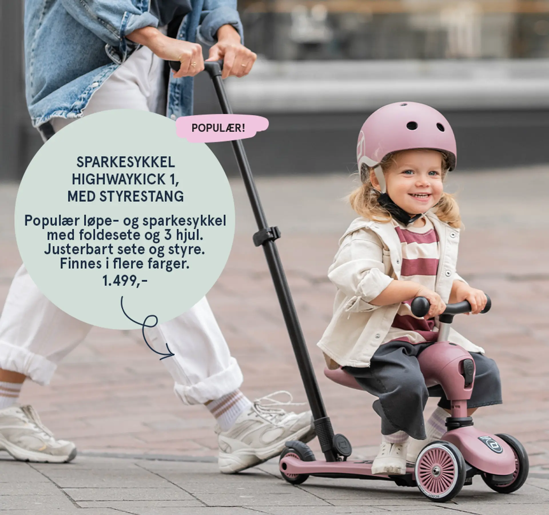 Sparkesykkel Highwaykick 1 med styrestang: Populær løpe- og sparkesykkel med foldesete og 3 hjul. Justerbart sete og styre. Finnes i flere farger - populær! Fotografi av barn sittende på løpesykkelen.