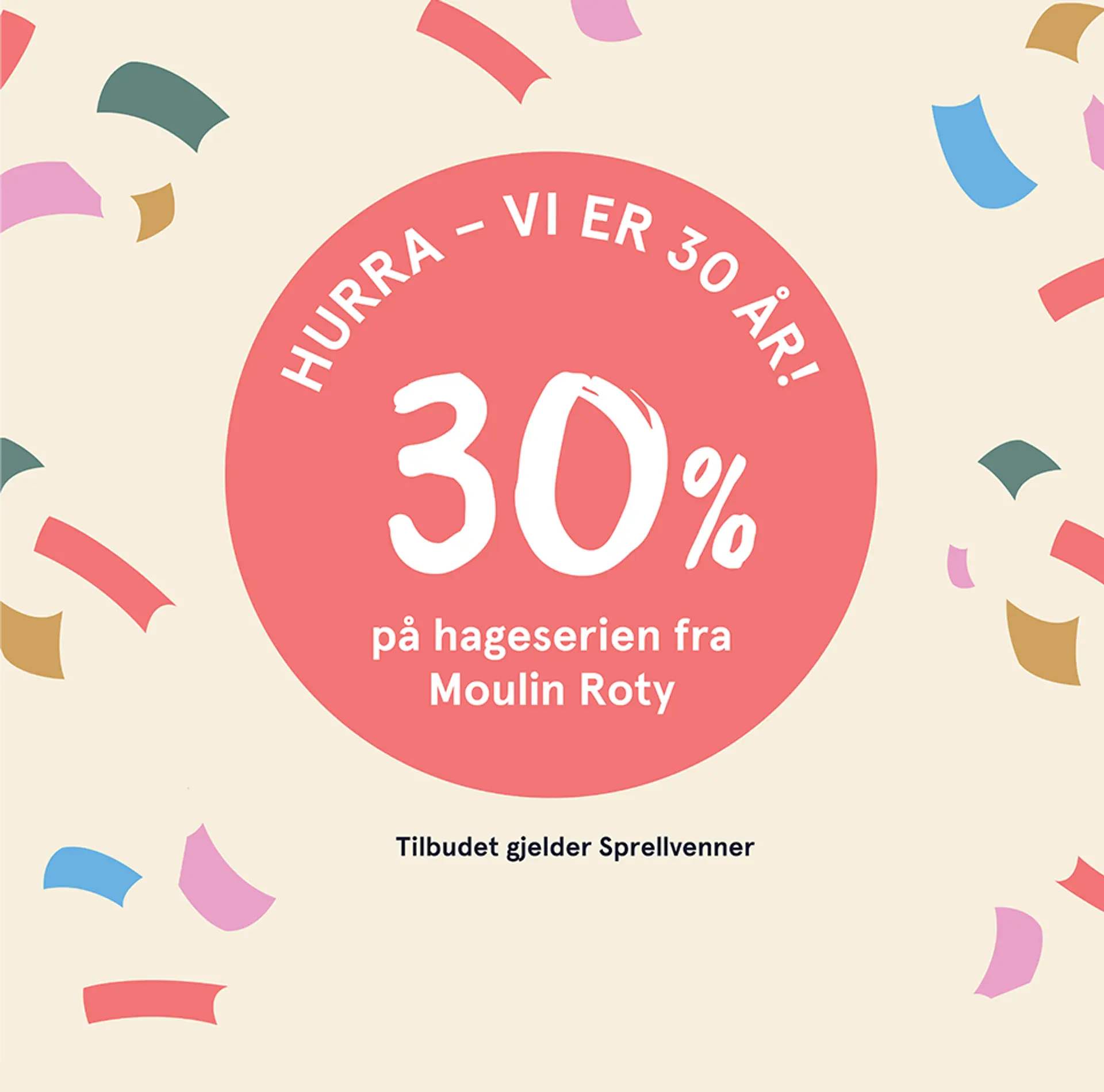 Vi er 30 år hurra! 30 år med barn i fokus og kvalitetsleker i hyllene. Illustrasjon.