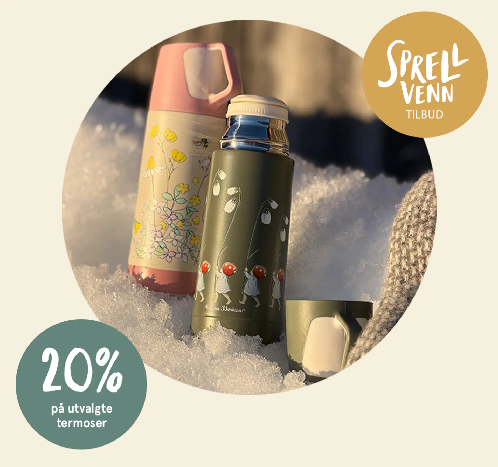 Sprellvenntilbud! 20% på utvalgte termoser. Illustrasjon.
