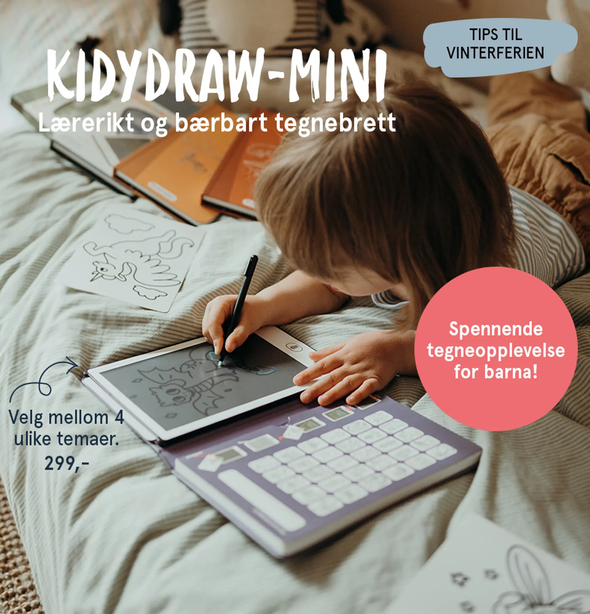 Kidydraw-mini - lærerikt og bærbart tegnebrett. Tips til vinterferien! Velg mellom 4 ulike temaer. 299,-. Fotografi av jente som tegner på tegnebrettet.