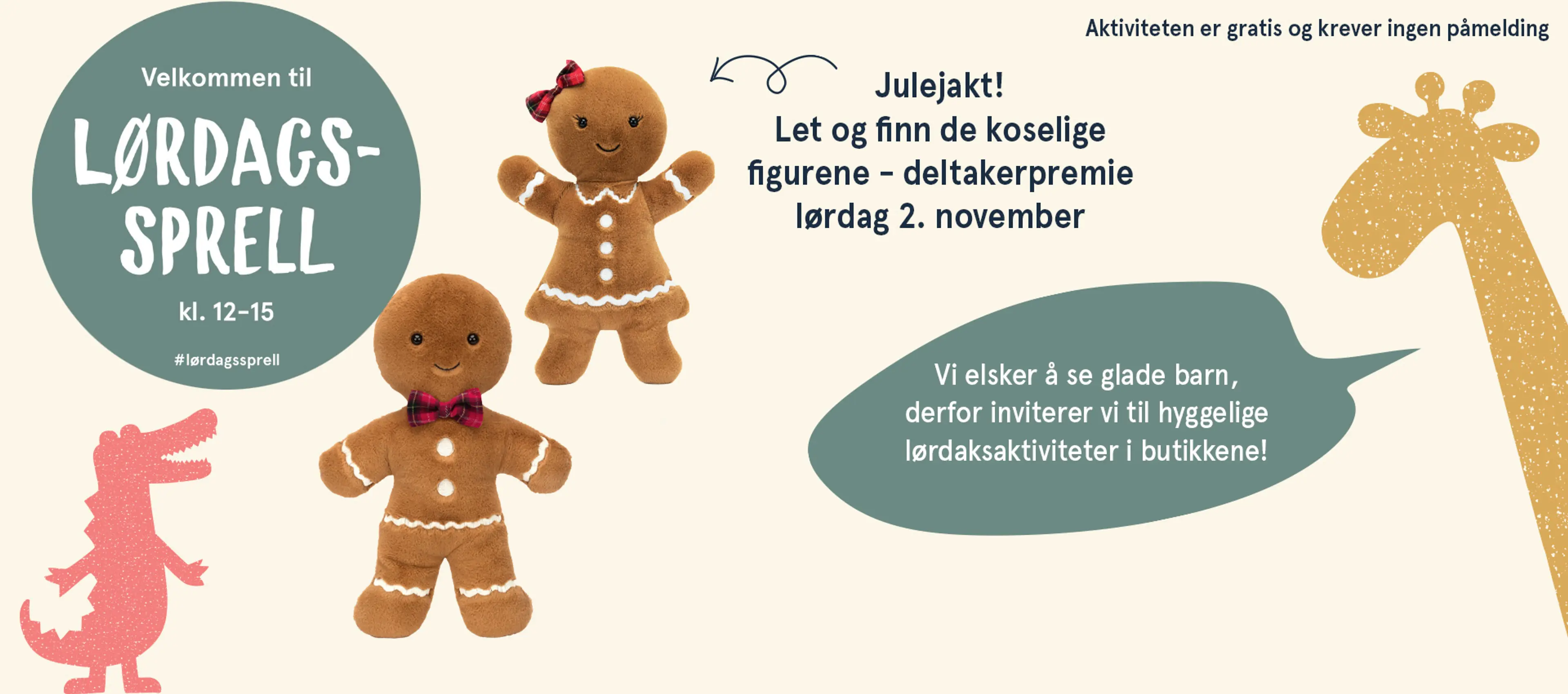 Velkommen til Lørdagssprell hver lørdag kl.12-15. Vi elsker å se glade barn, derfor inviterer vi til hyggelige lørdagsaktiviteter i butikkene! Aktivitetene er gratis og krever ingen påmelding.