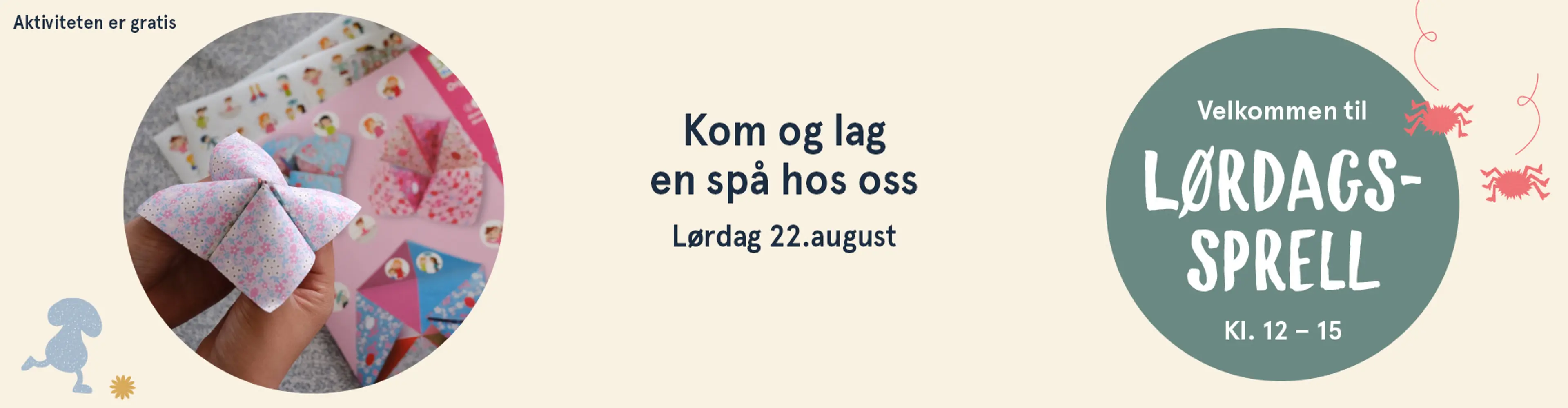 Velkommen til Lørdagssprell! Aktiviteten er gratis. Illutsrasjon.