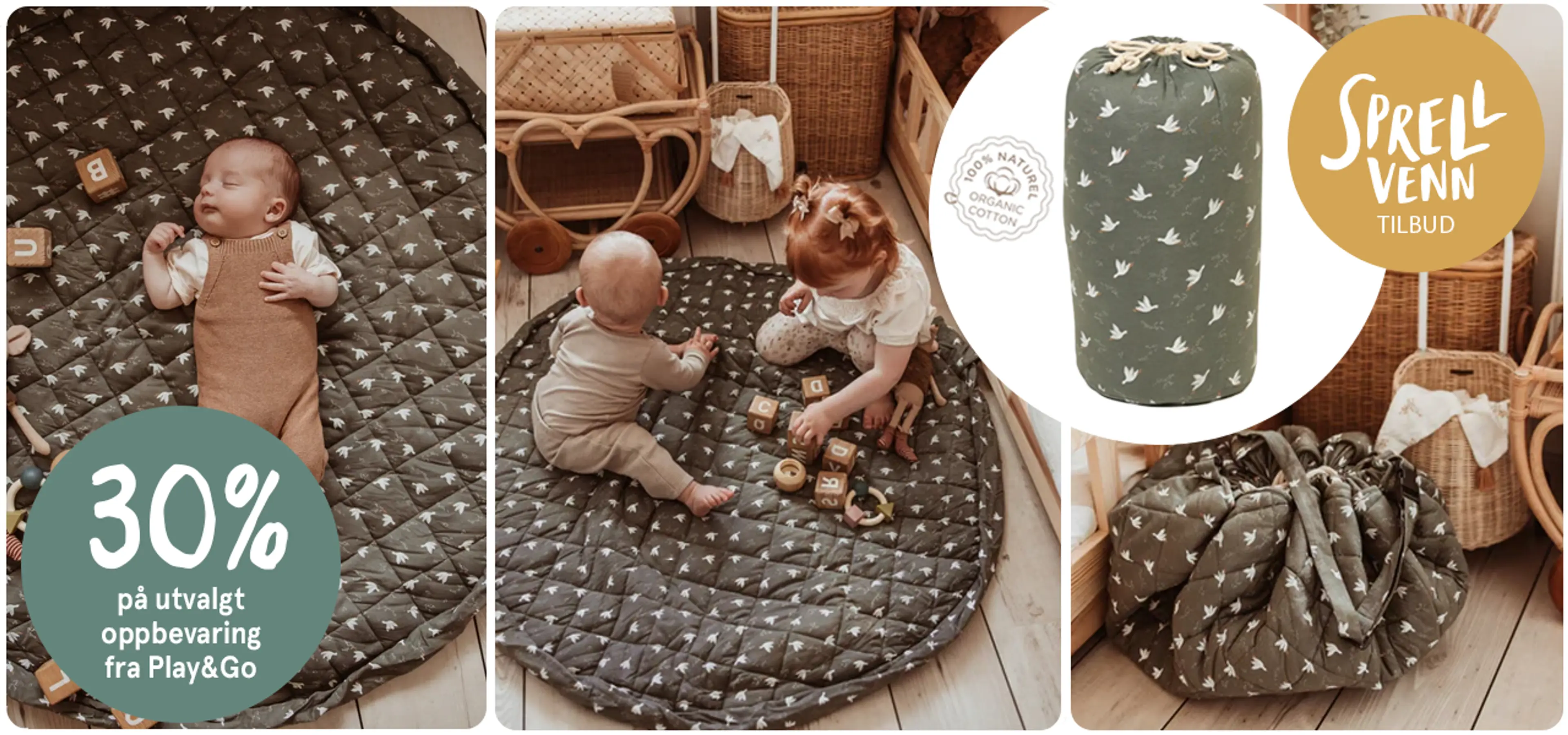 Sprellvenntilbud! 20% på lekematter fra Play&Go. Tilbudet varer fra 2. januar - 1. februar 2026. Fotografi av barn som leker ved lekematten.