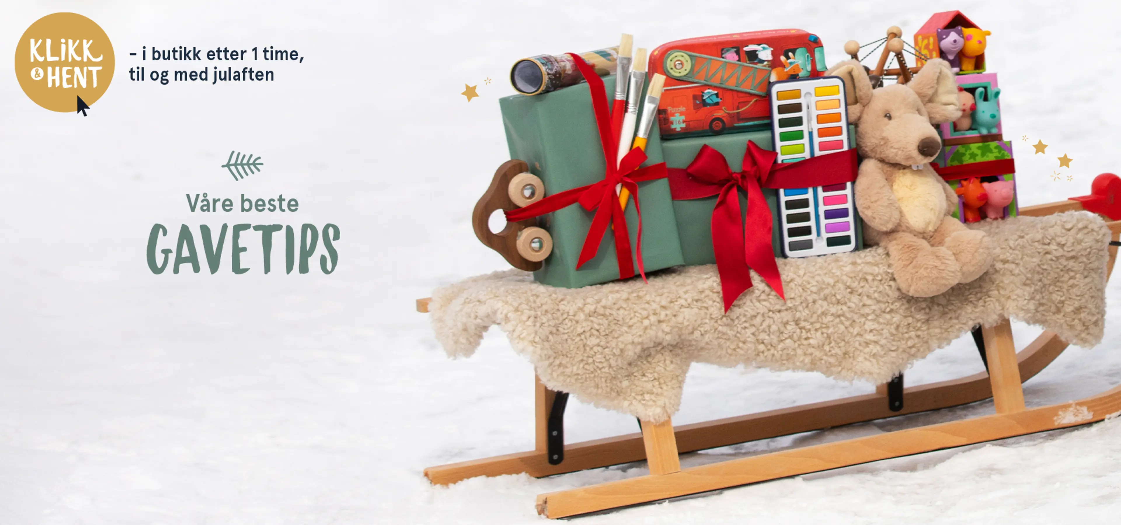 Våre beste gavetips! Fotografi av slede med julegaver fra Sprell.