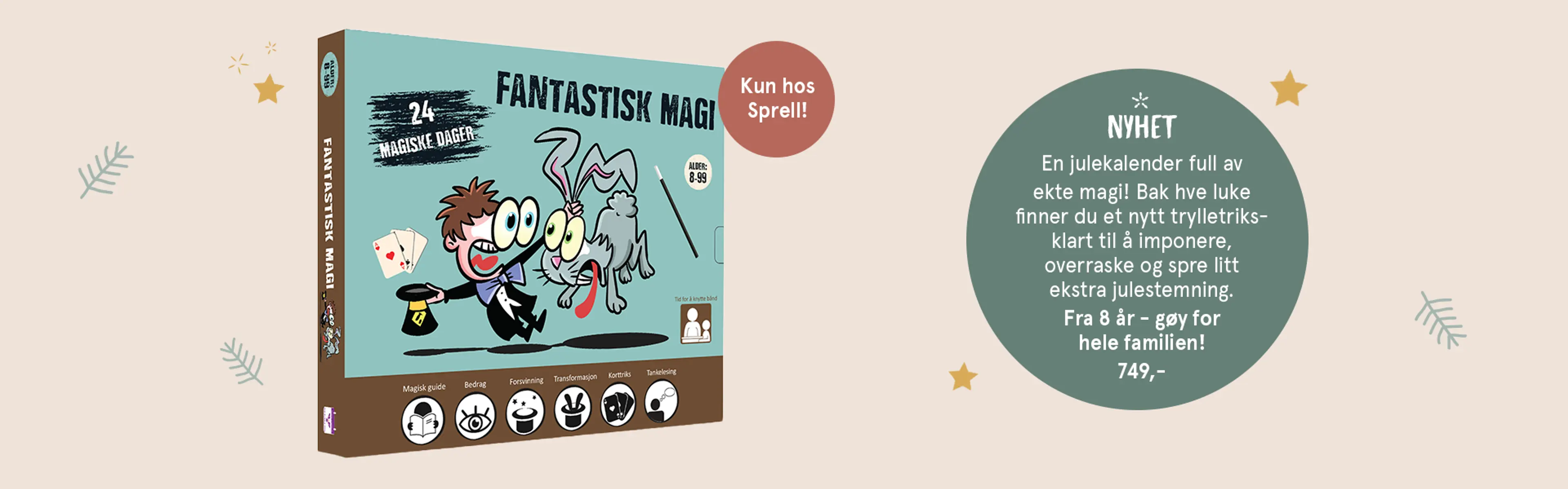 Illustrasjon av 24 magiske dager julekalender - kun hos Sprell! En julekalender full av ekte magi. Bak hver luke finner du et nytt trylletriks- klart til å imponere, overraske og spre litt ekstra julestemning. Fra 8 år - gøy for hele familien!