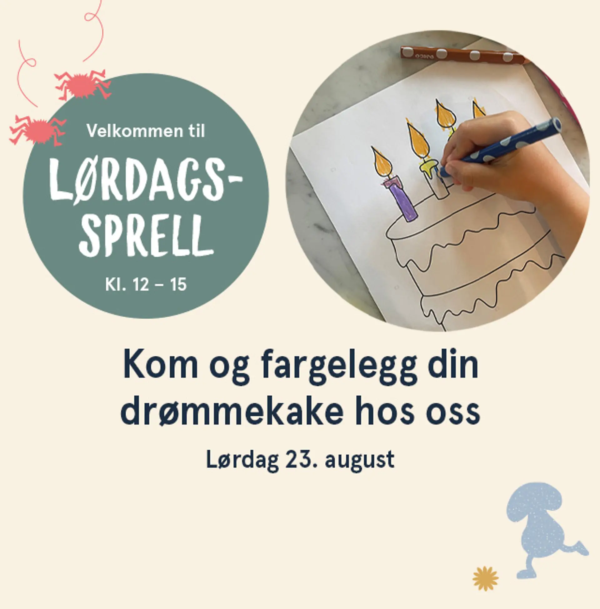 Velkommen til Lørdagssprell i alle butikkene på lørdag kl. 12- 15. Illustrasjon med informasjon.