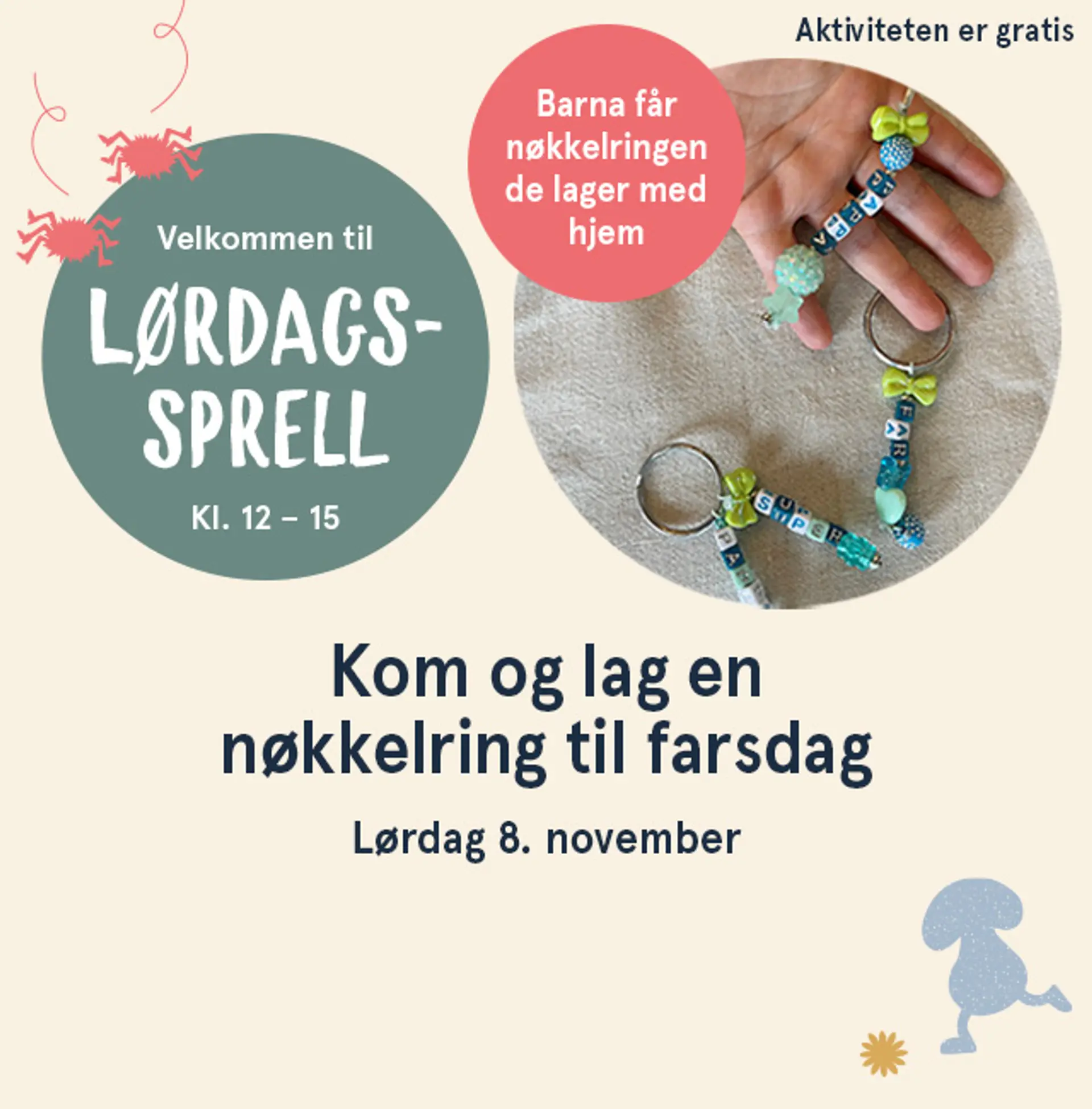 Velkommen til Lørdagssprell i alle butikkene på lørdag kl. 12- 15. Illustrasjon med informasjon.