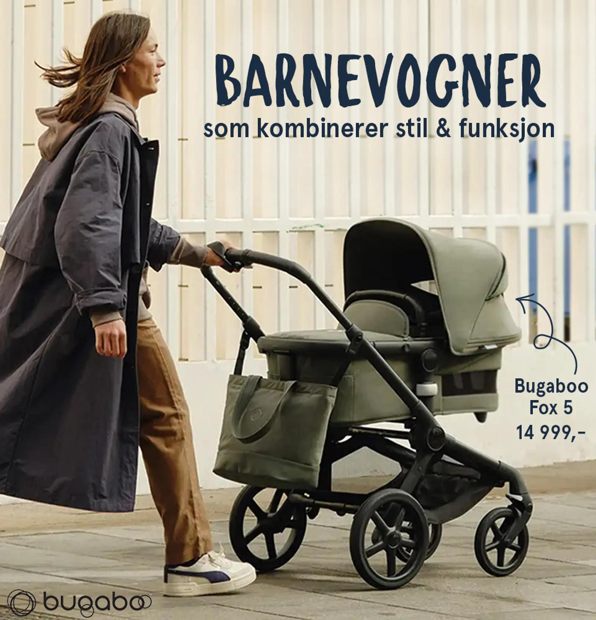 "Barnevogner som kombinerer stil & funksjon" Mann gående med en Bugaboo Fox 5 vogn, 14 999 kr