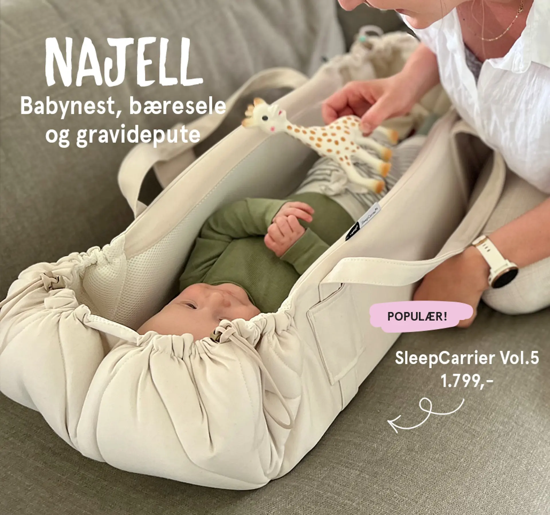 Najell - babynest, bæresele og gravidpute. Fotografi av barn liggende i Najell SleepCarrier X - populær!