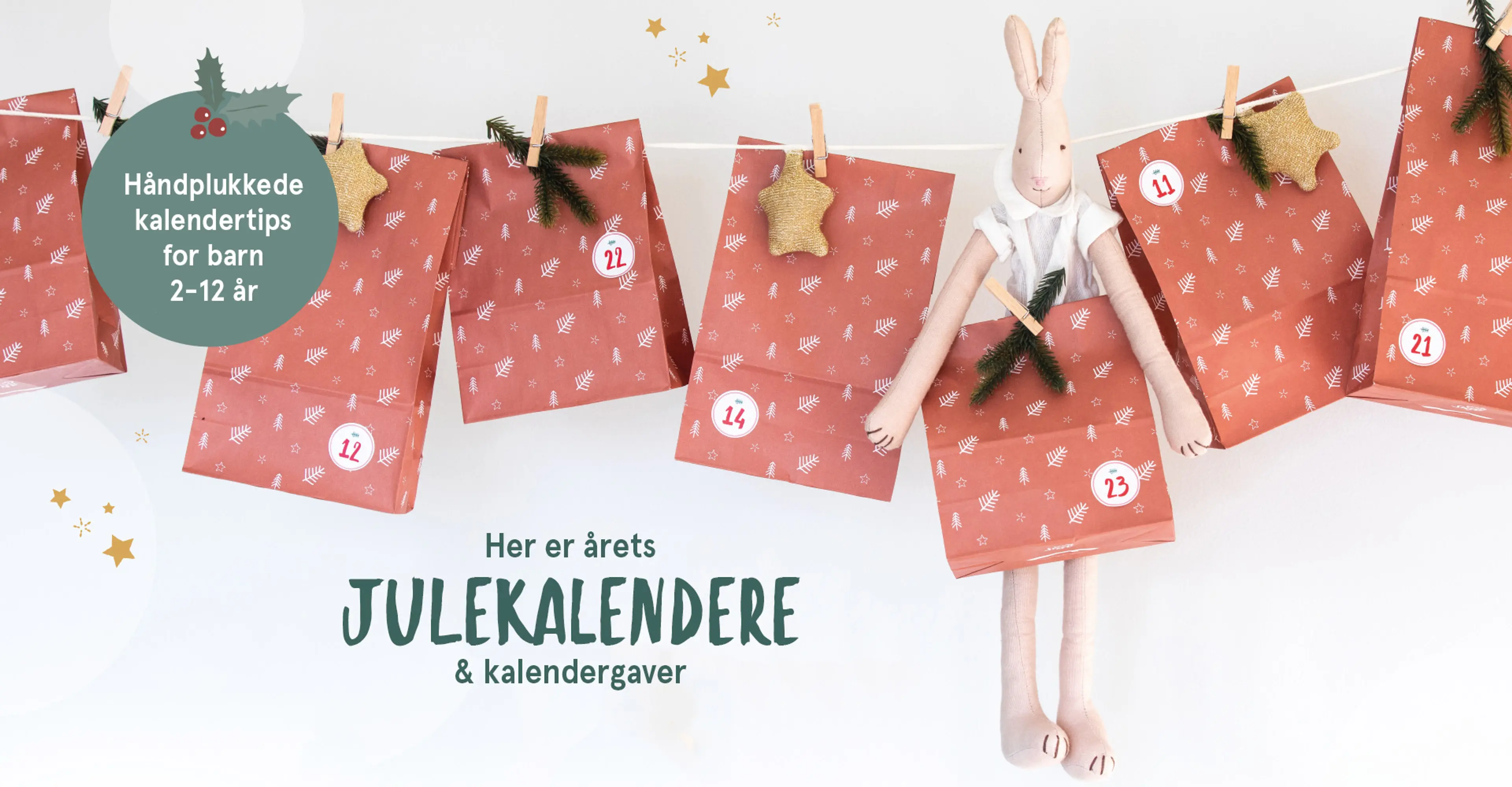 "Her er årets julekalendere og kalendergaver - håndplukkede kalendertips for barn 2-12 år". Rød posekalender fra Sprell hengende på en snor.