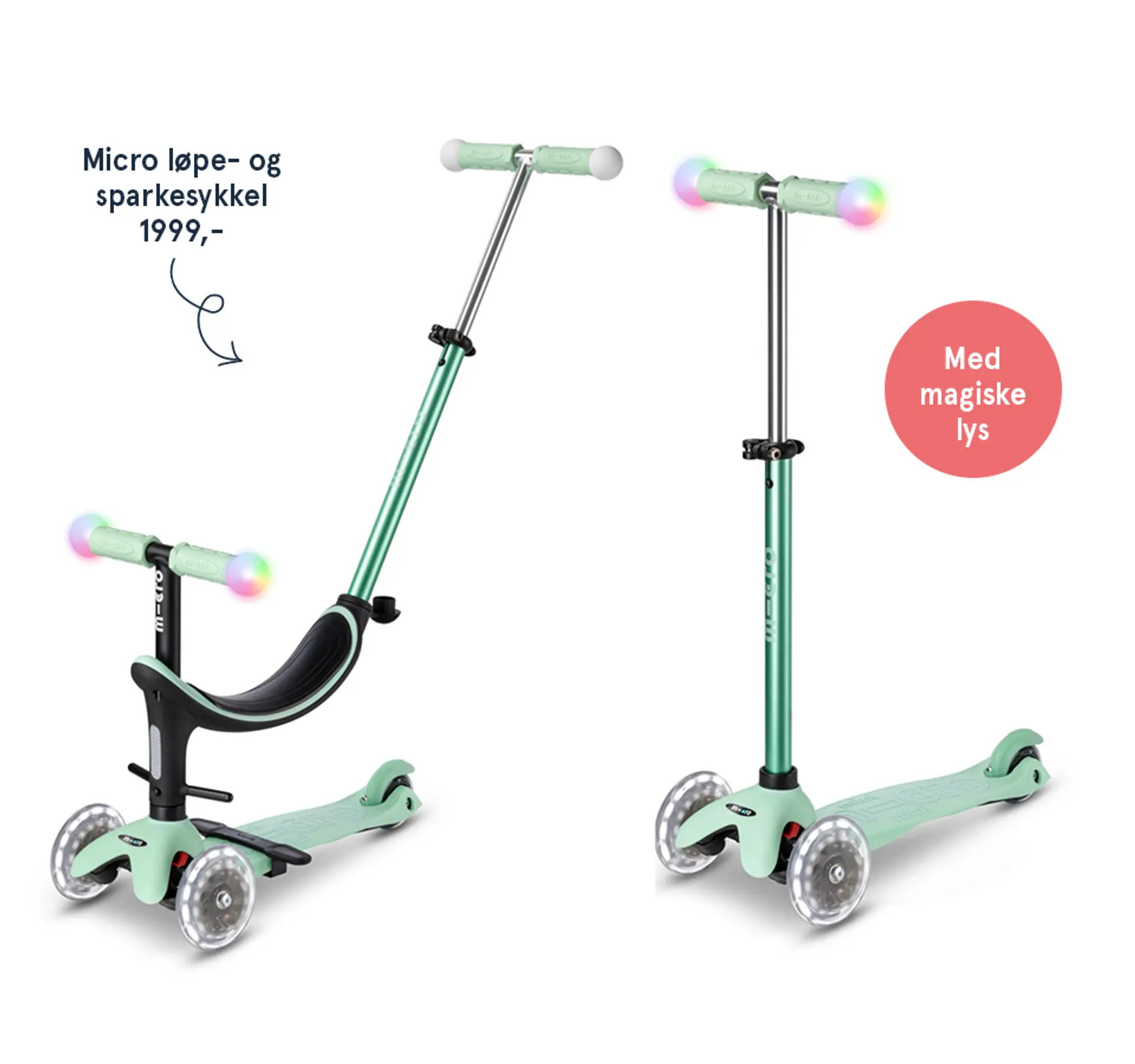 Micro løpe- og sparkesykkel - med magiske lys! Illustrasjon som viser hvordan sykkelen forvandles fra løpesykkel til sparkesykkel.