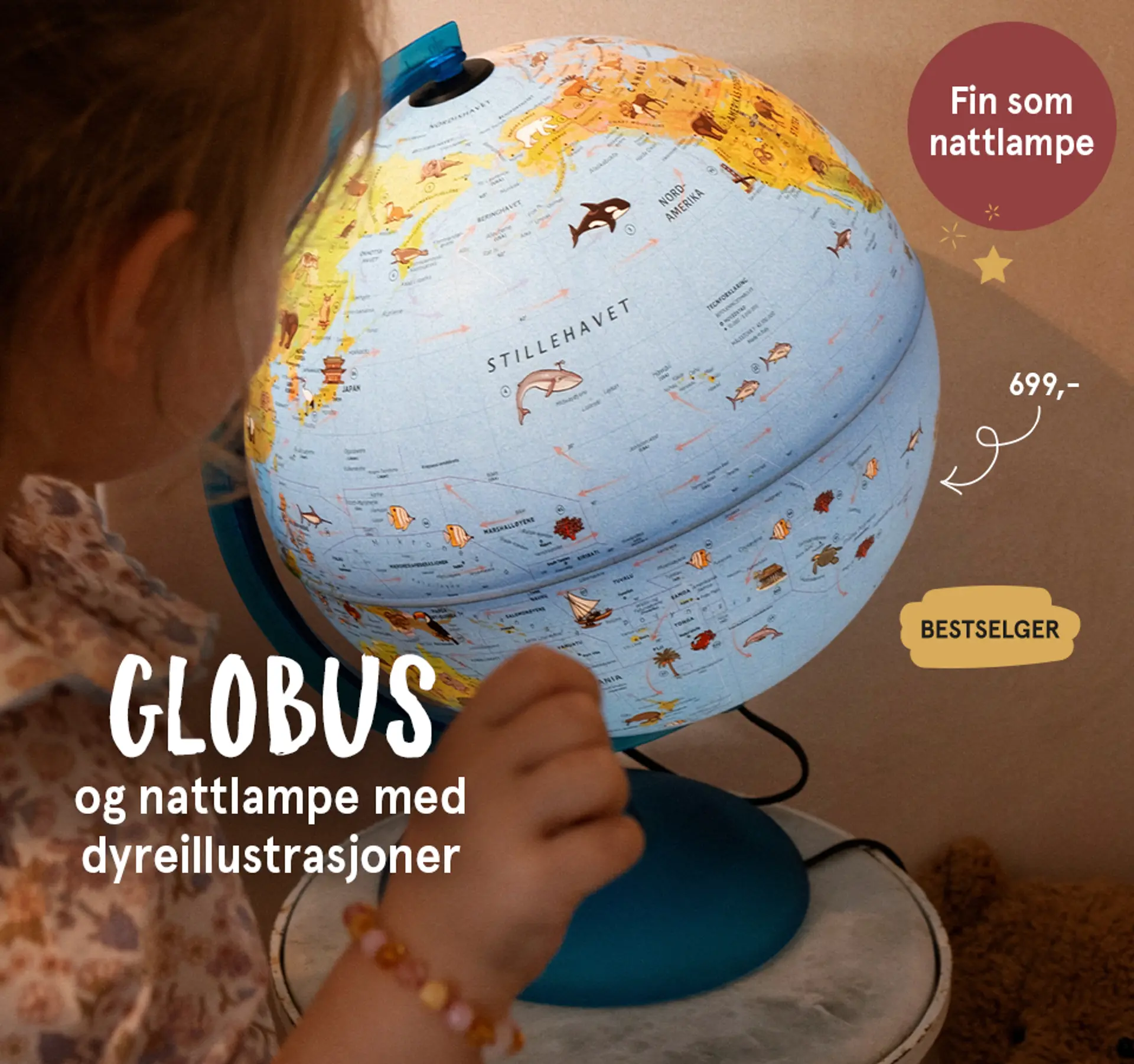 Gavetips fra 4 år: Globus og nattlampe med dyreillustrasjoner - bestselger! Fotografi av globusen.