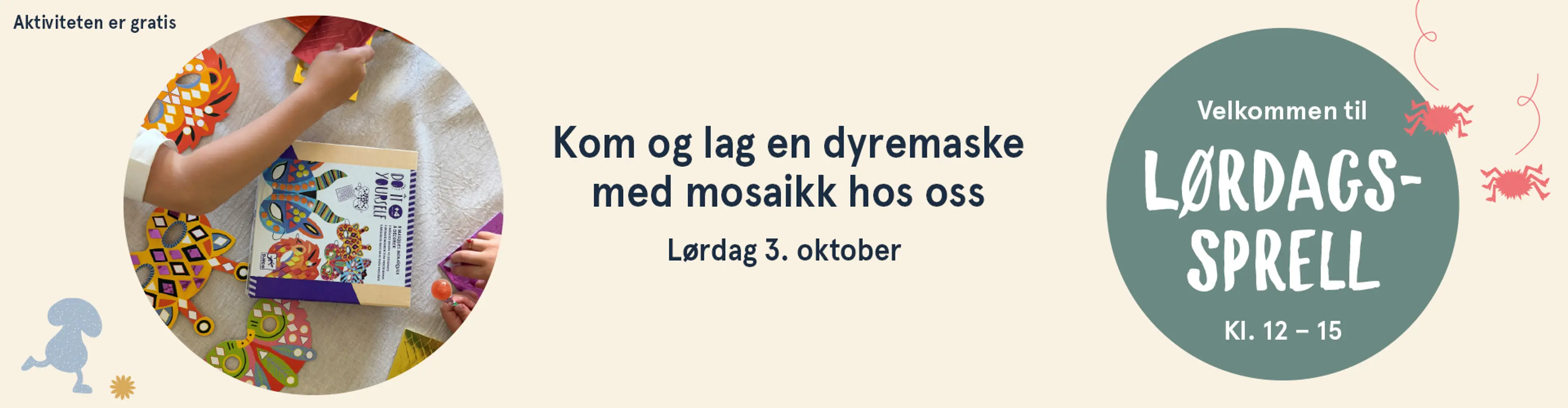 Velkommen til Lørdagssprell! Aktiviteten er gratis. Illutsrasjon.