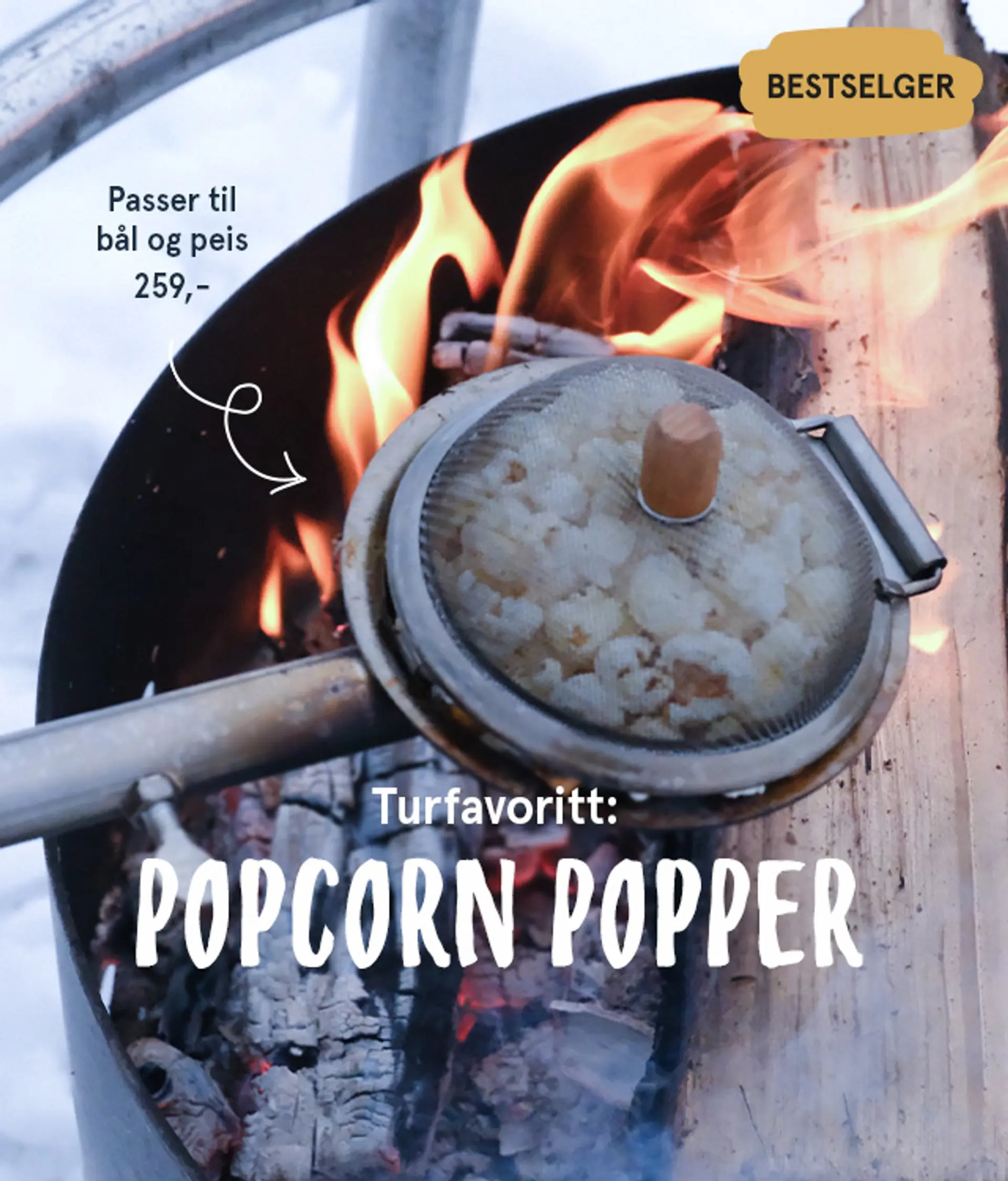 Turfavoritt: Popcorn popper. Passer til bål og peis, 259,- BESTSELGER! Fotografi av popcorn popperen over bål.