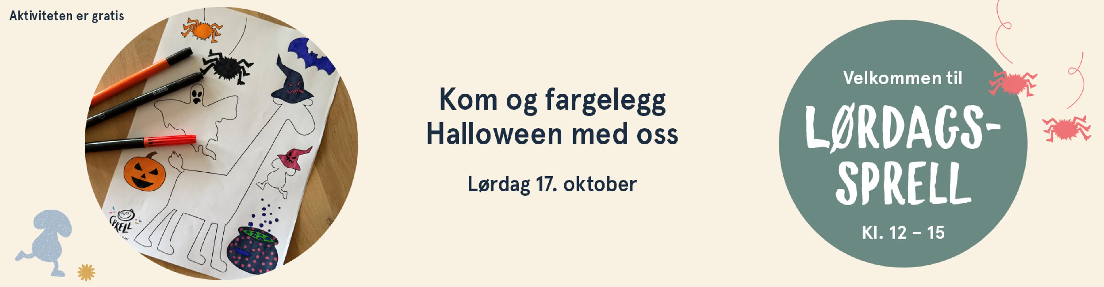 Velkommen til Lørdagssprell! Aktiviteten er gratis. Illutsrasjon.