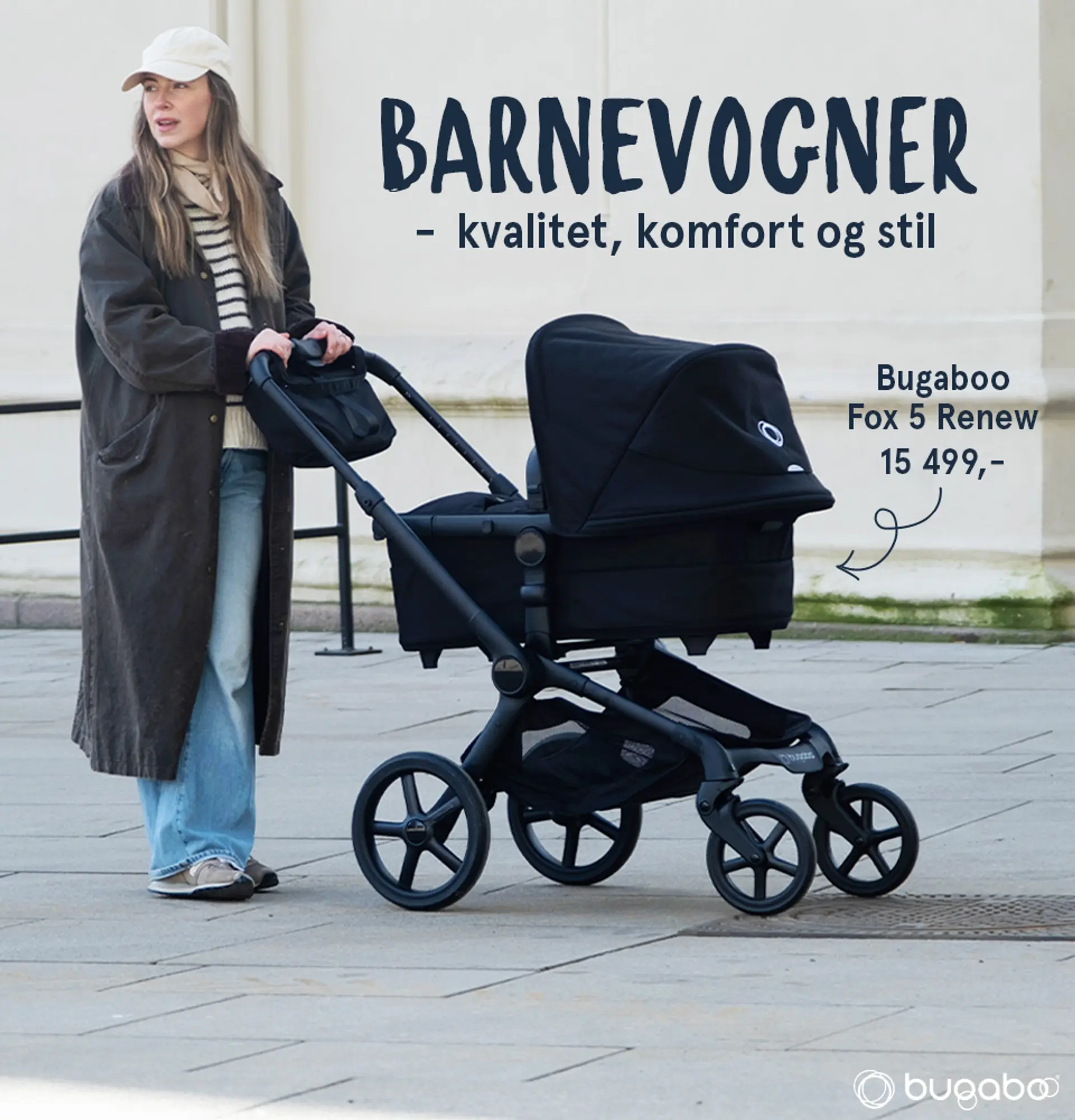Barnevogner - kvalitet, komfort og stil. Fotografi av dame gående med Bugaboo Fox 5 Renew 15 499kr.