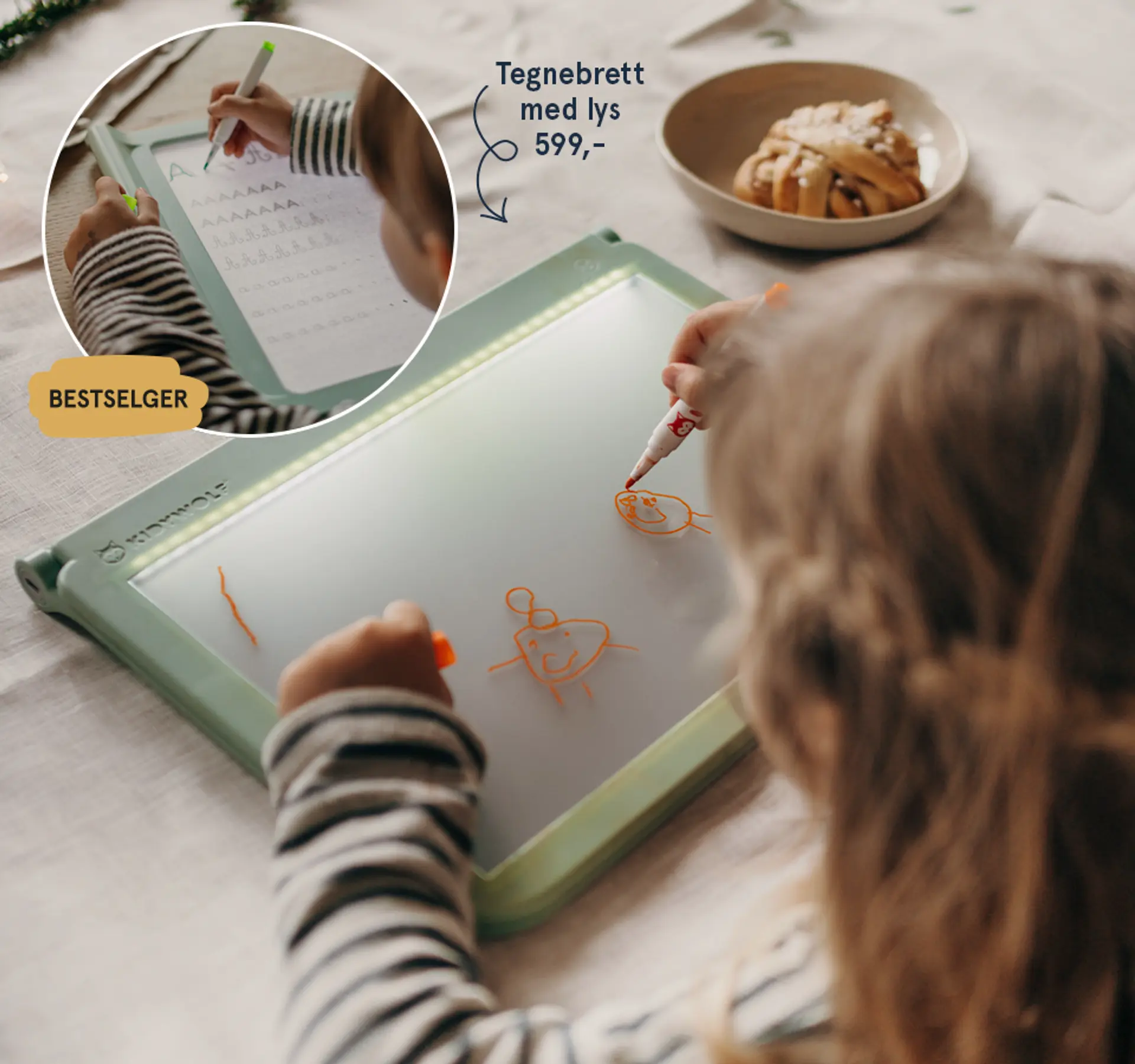 Fotografi av barn som tegner på Kidydraw pro, tegnebrett med lys - bestselger!